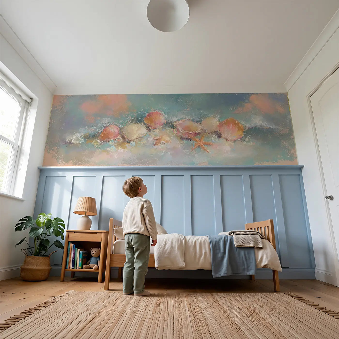 Child reading near Chalk Beach Shell Treasure Wainscoting Wallpaper by Whimsy Tots