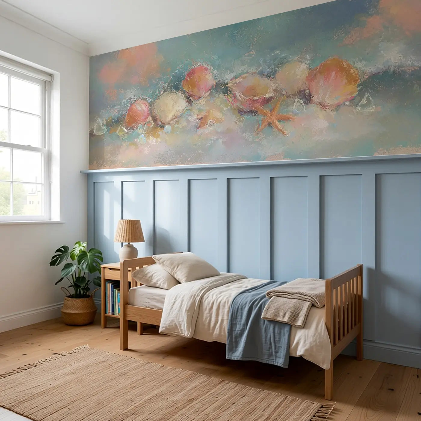 Chalk Beach Shell Treasure Wainscoting Wallpaper styled in a kids bedroom by Whimsy Tots