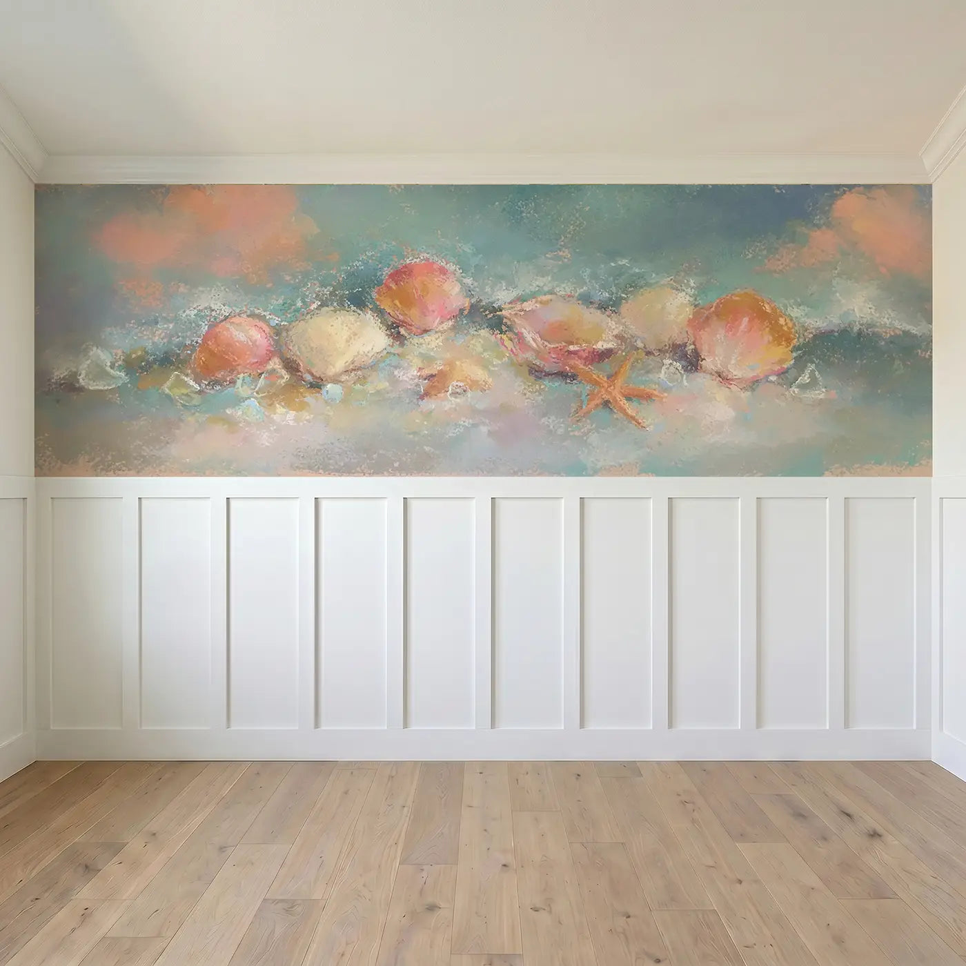 Full panel view of Chalk Beach Shell Treasure Wainscoting Wallpaper by Whimsy Tots