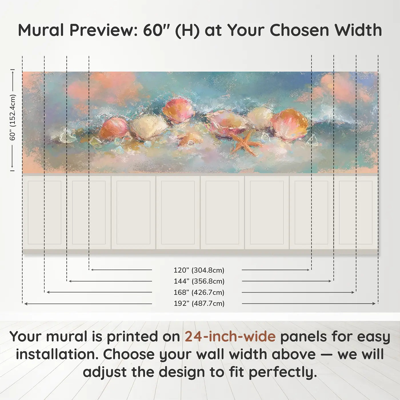 Panel dimensions for Chalk Beach Shell Treasure Wainscoting Wallpaper by Whimsy Tots