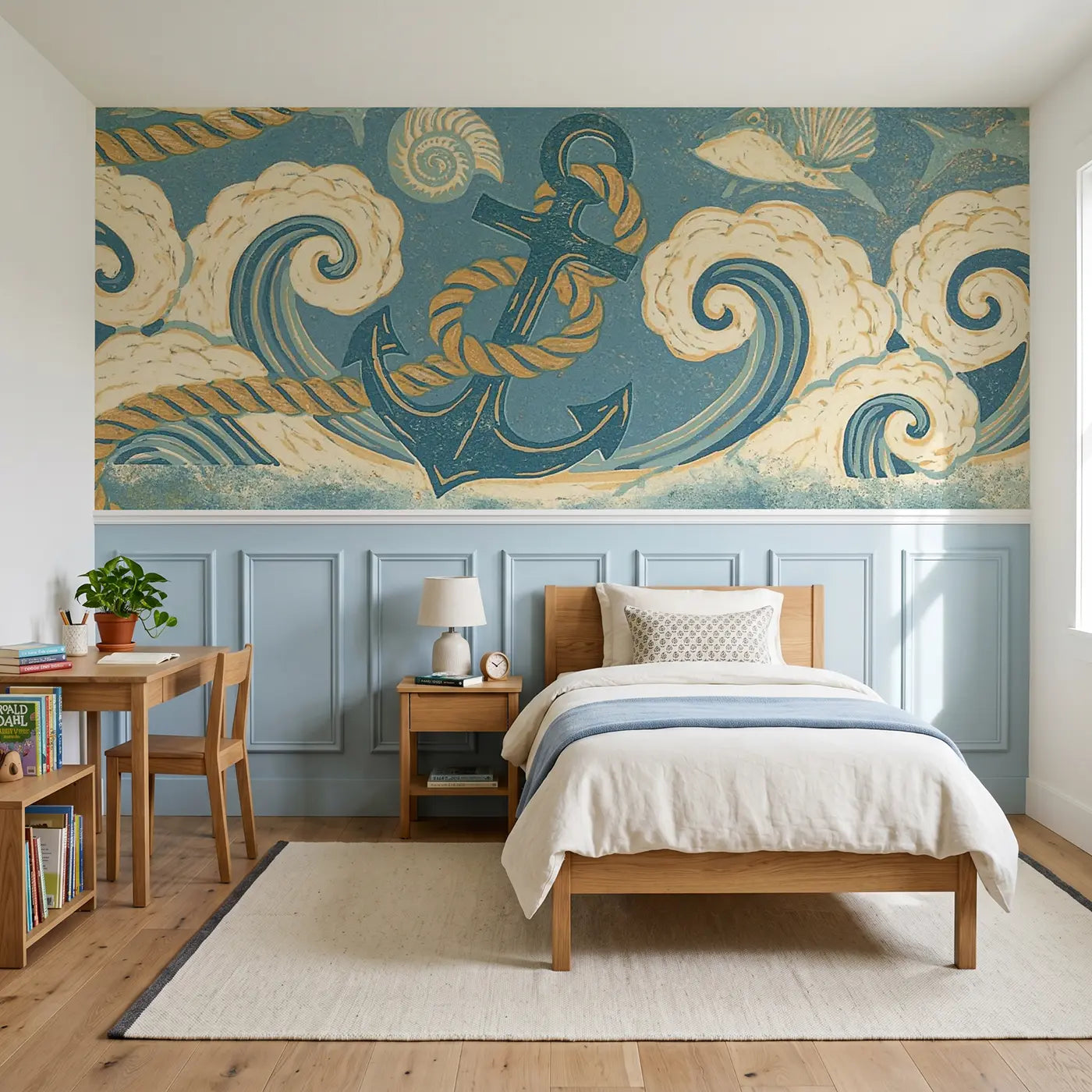 Block Print carved anchor rope nautical wainscoting wallpaper for bedroom by Whimsy Tots
