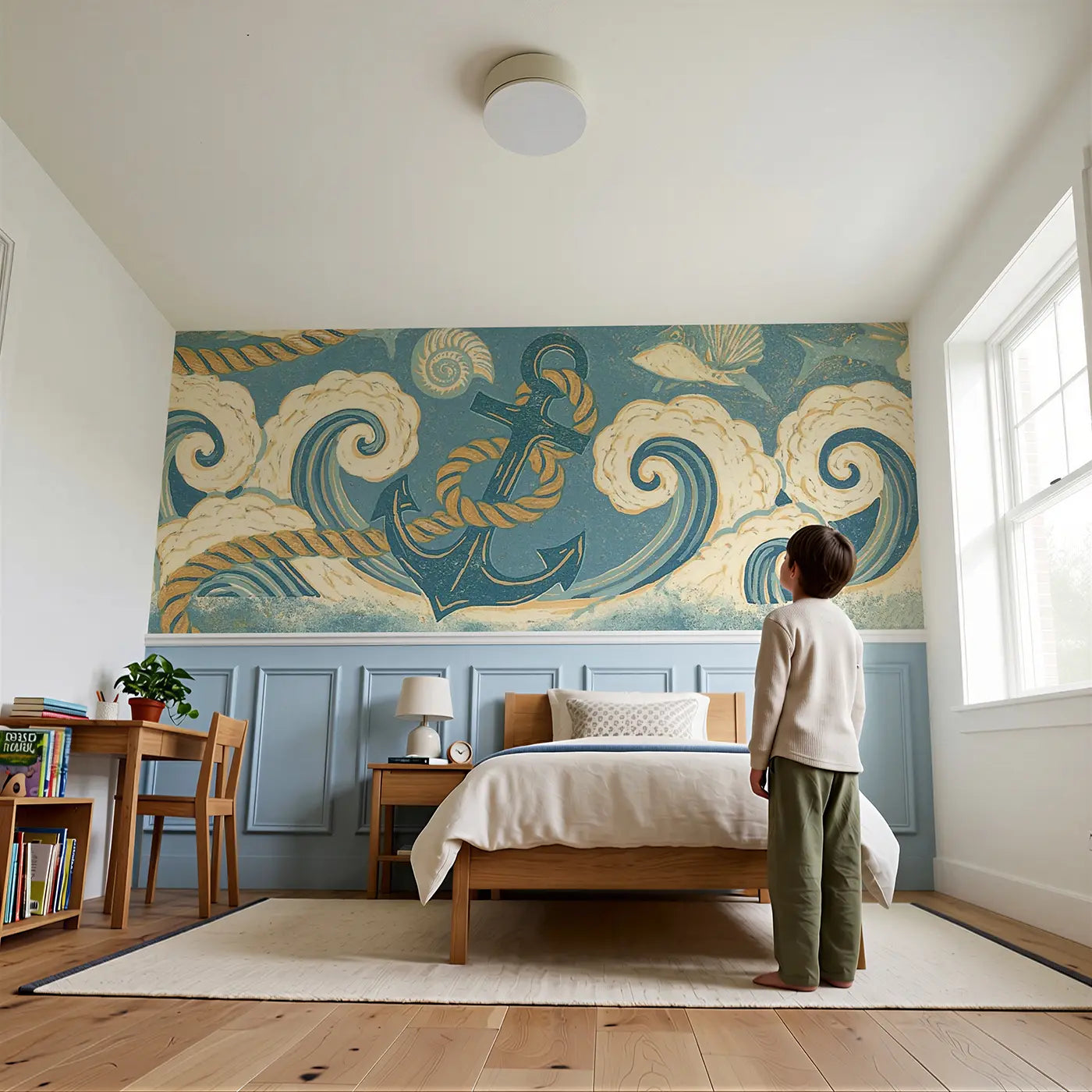 Child reading near Carved Anchor Rope Nautical Wainscoting Wallpaper by Whimsy Tots