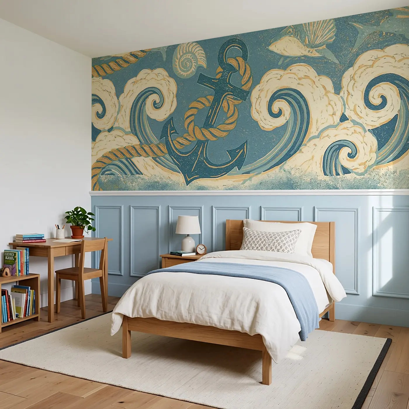 Carved Anchor Rope Nautical Wainscoting Wallpaper styled in a kids bedroom by Whimsy Tots