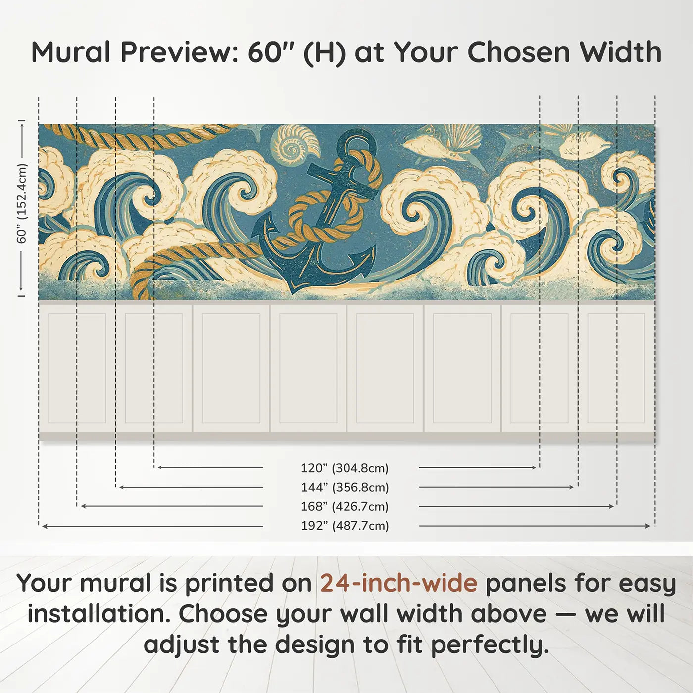 Panel dimensions for Carved Anchor Rope Nautical Wainscoting Wallpaper by Whimsy Tots