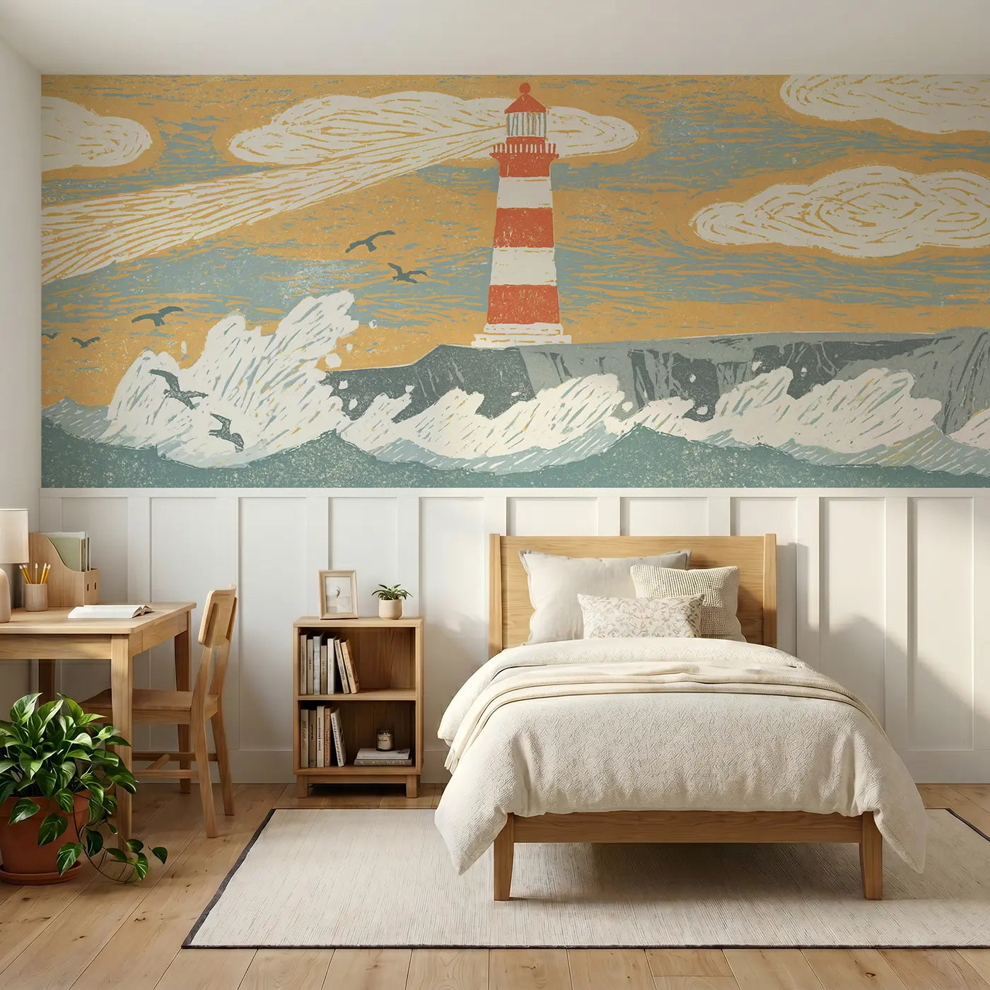 Block Print lighthouse cliff wainscoting wallpaper for bedroom by Whimsy Tots