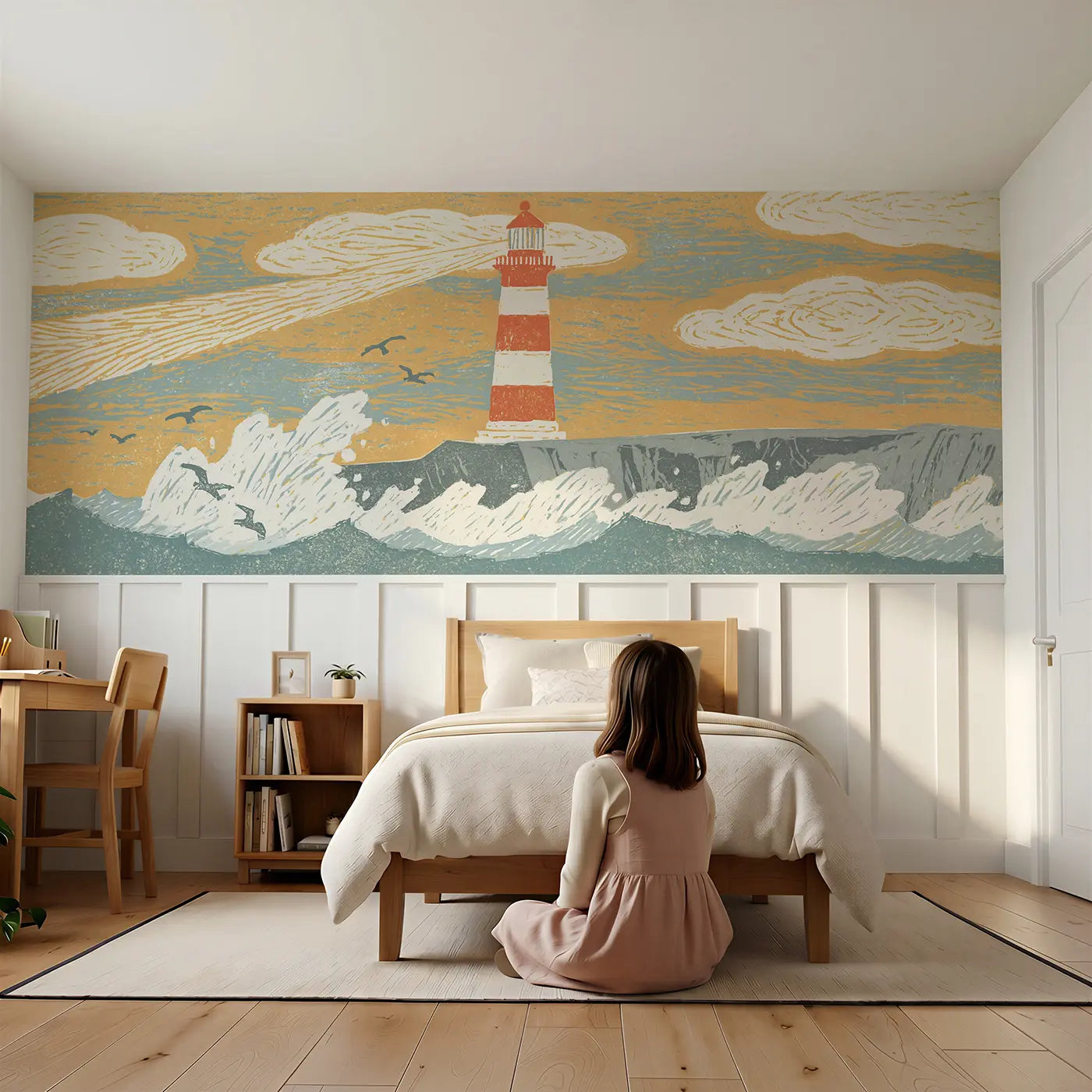 Child reading near Block Print Lighthouse Cliff Wainscoting Wallpaper by Whimsy Tots