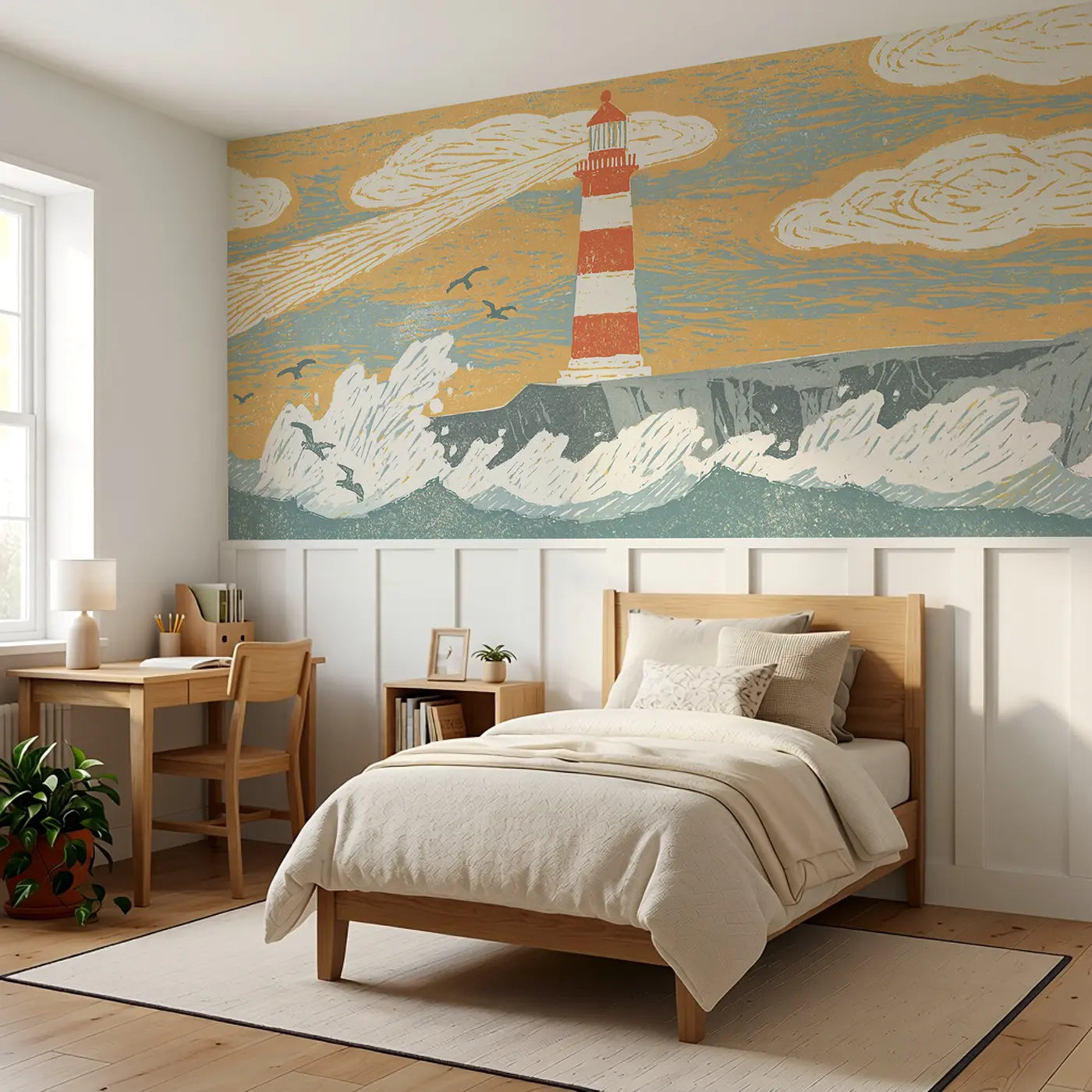 Block Print Lighthouse Cliff Wainscoting Wallpaper styled in a kids bedroom by Whimsy Tots