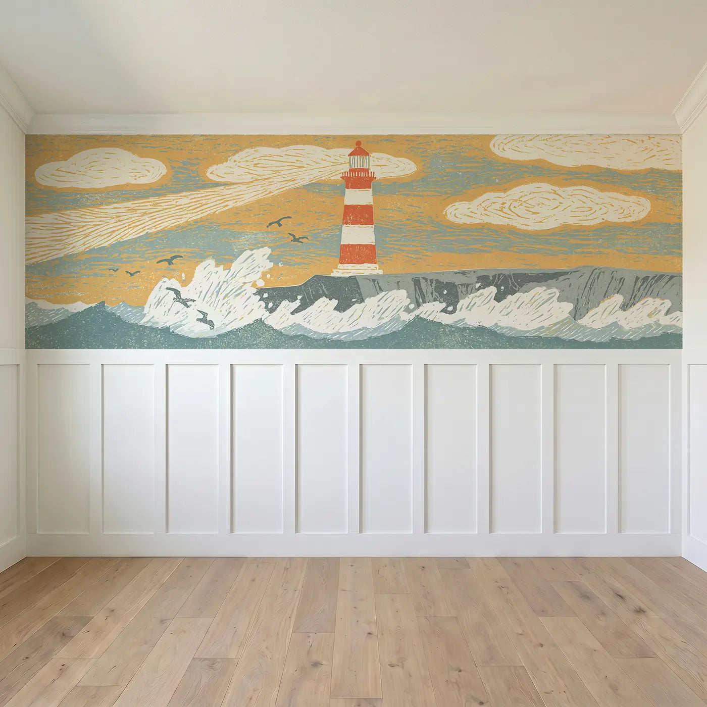 Full panel view of Block Print Lighthouse Cliff Wainscoting Wallpaper by Whimsy Tots