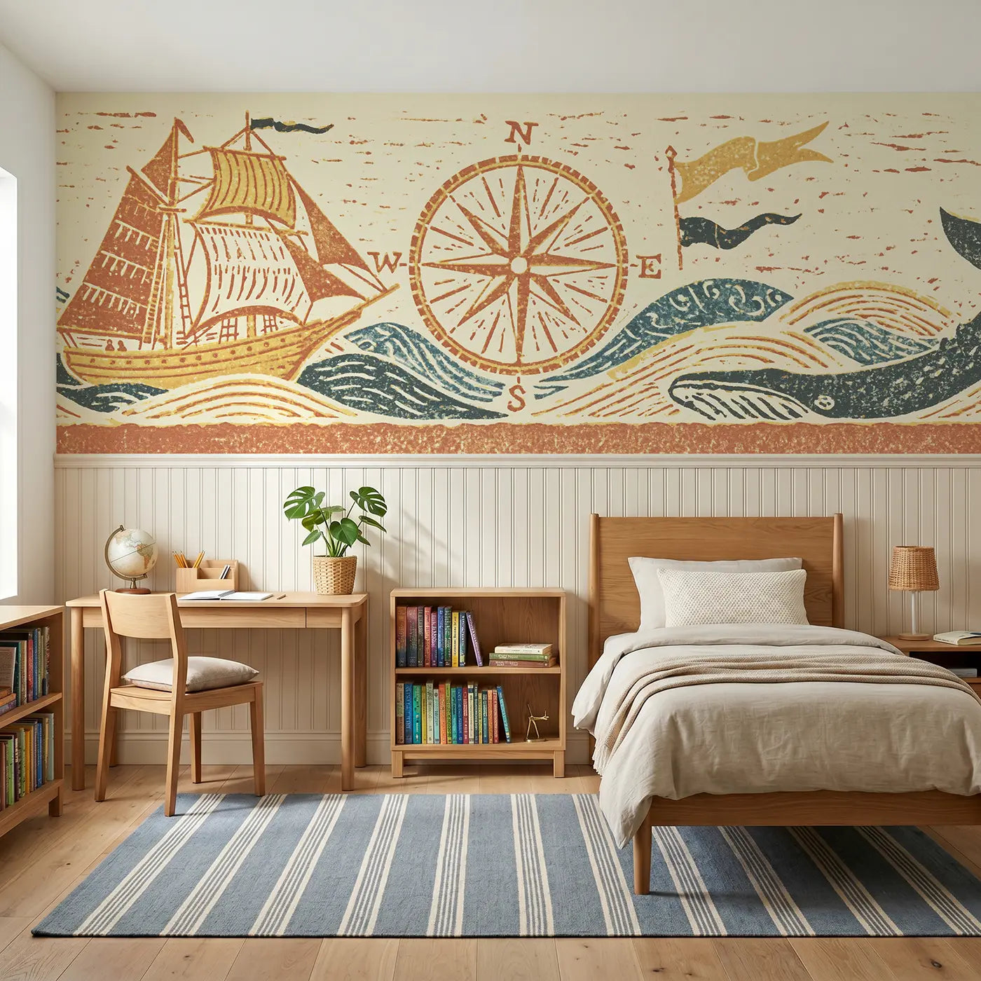 Block Print carved ship compass band wainscoting wallpaper for bedroom by Whimsy Tots
