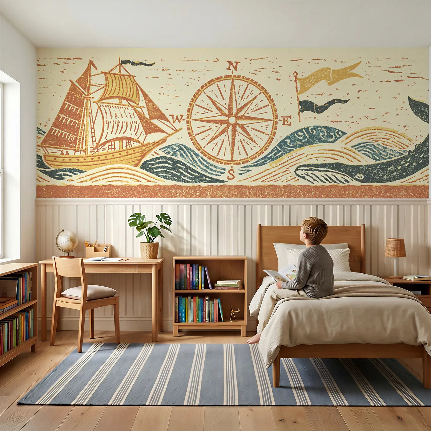 Child reading near Carved Ship Compass Band Wainscoting Wallpaper by Whimsy Tots