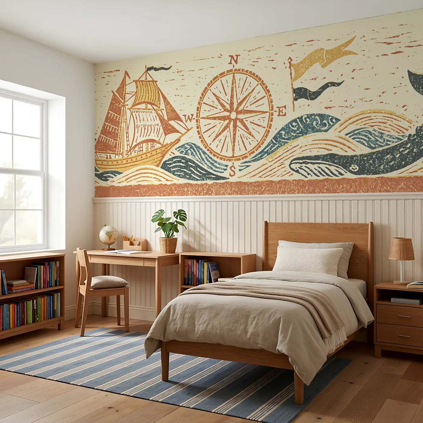 Carved Ship Compass Band Wainscoting Wallpaper styled in a kids bedroom by Whimsy Tots