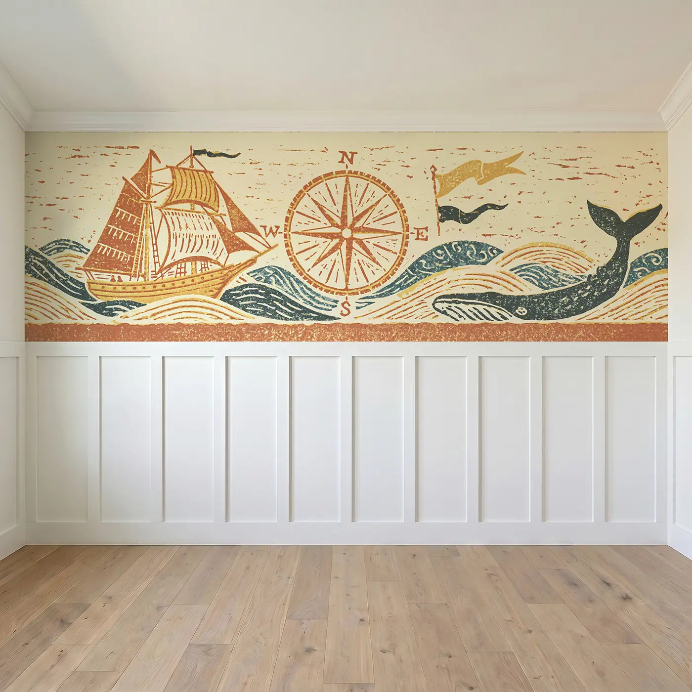 Full panel view of Carved Ship Compass Band Wainscoting Wallpaper by Whimsy Tots