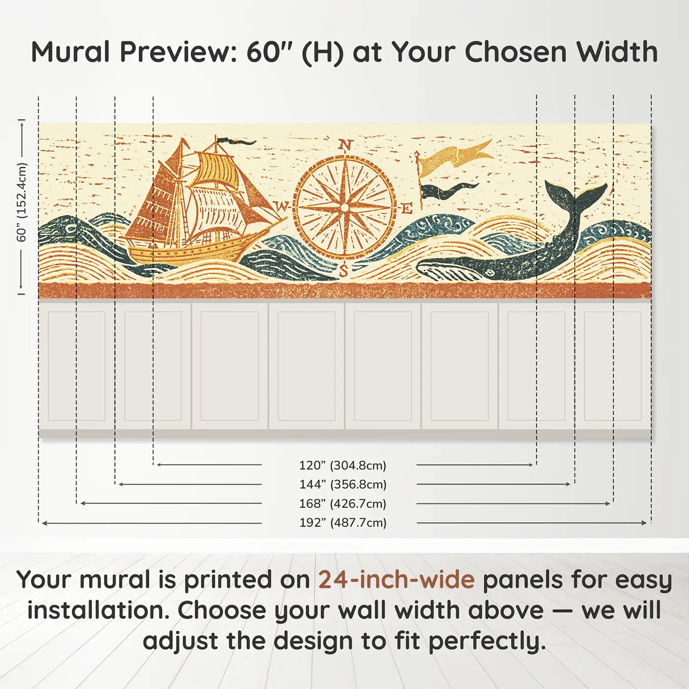 Panel dimensions for Carved Ship Compass Band Wainscoting Wallpaper by Whimsy Tots