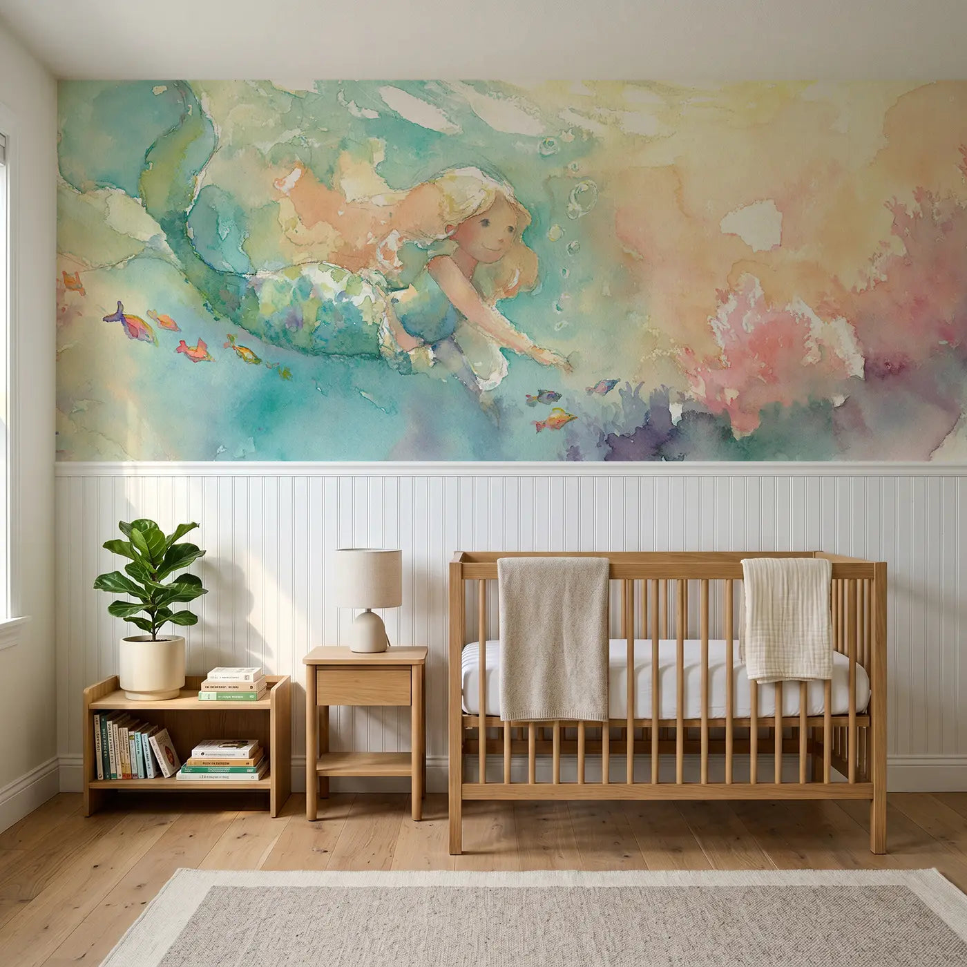 Watercolor mermaid coral garden swim wainscoting wallpaper for nursery by Whimsy Tots