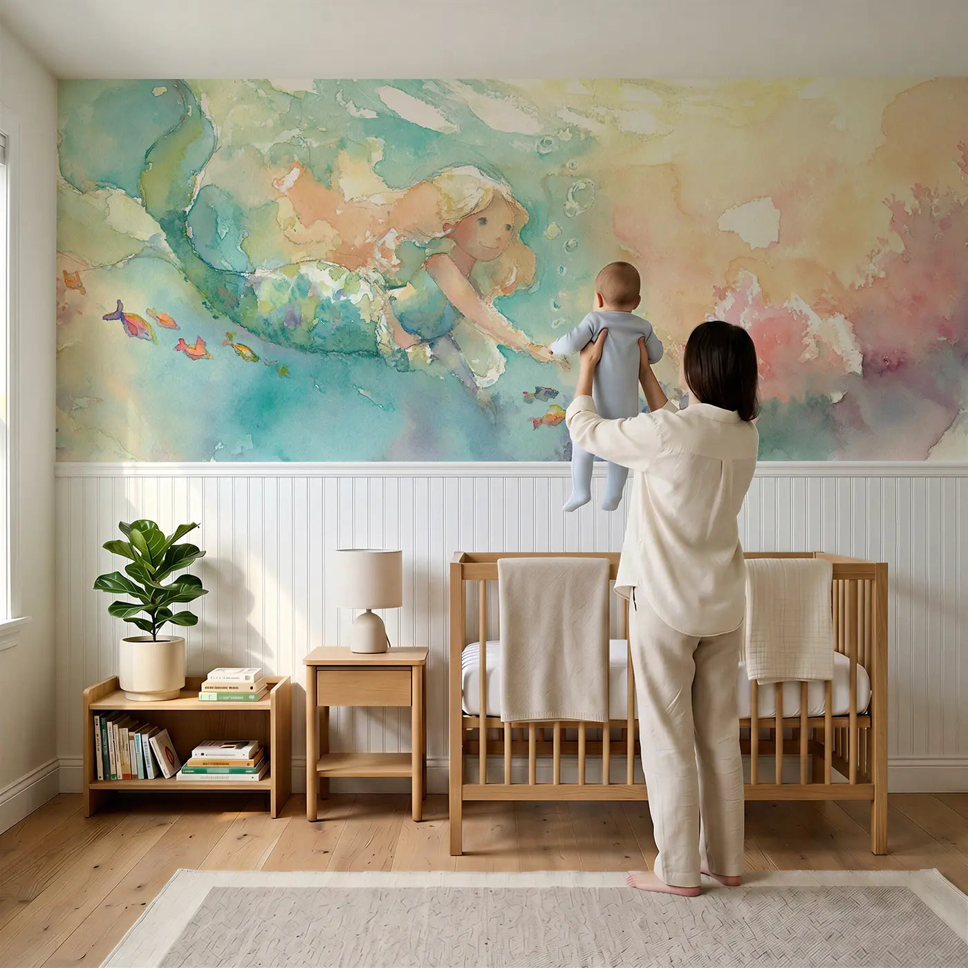 Child reading near Mermaid Coral Garden Swim Wainscoting Wallpaper by Whimsy Tots