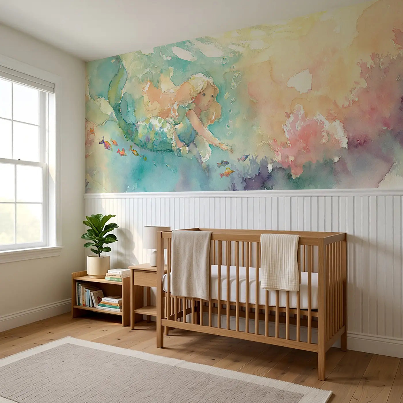 Mermaid Coral Garden Swim Wainscoting Wallpaper styled in a kids bedroom by Whimsy Tots