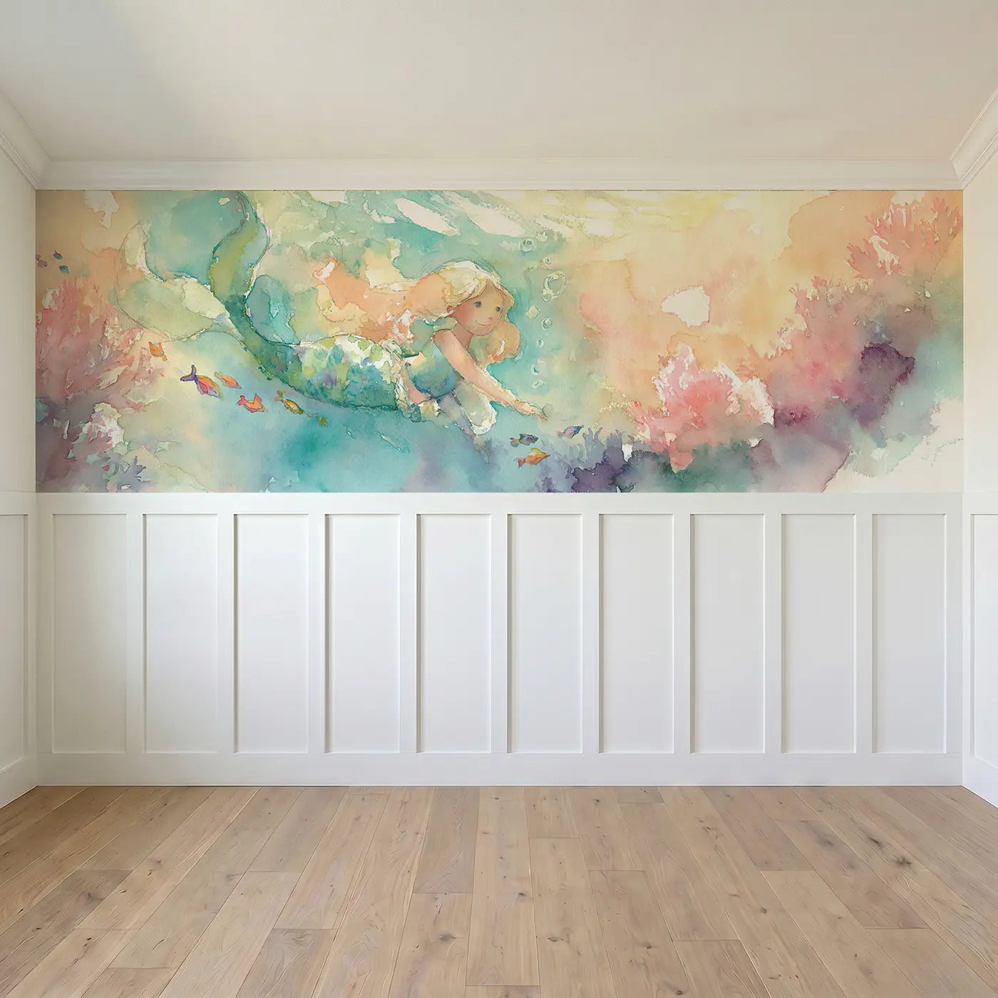 Full panel view of Mermaid Coral Garden Swim Wainscoting Wallpaper by Whimsy Tots