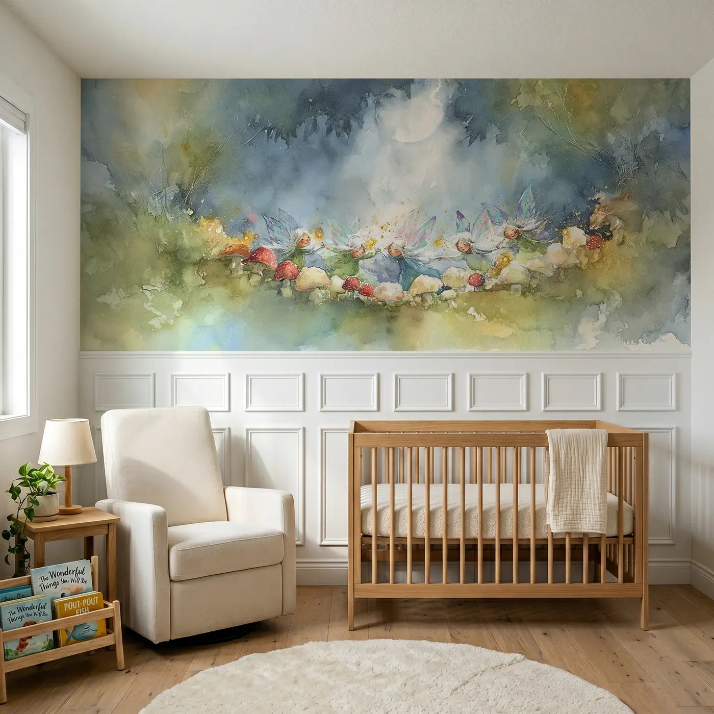 Watercolor fairy ring moonlit glen wainscoting wallpaper for nursery by Whimsy Tots