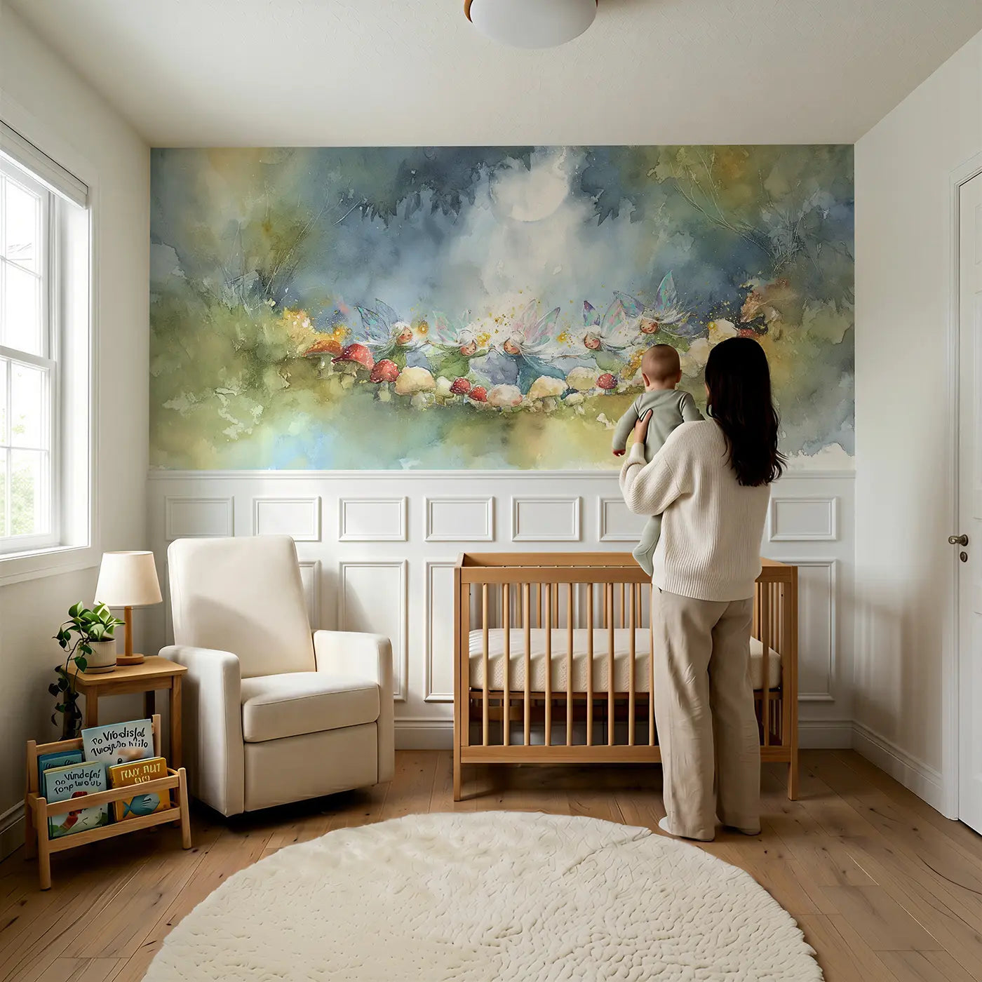 Child reading near Fairy Ring Moonlit Glen Wainscoting Wallpaper by Whimsy Tots