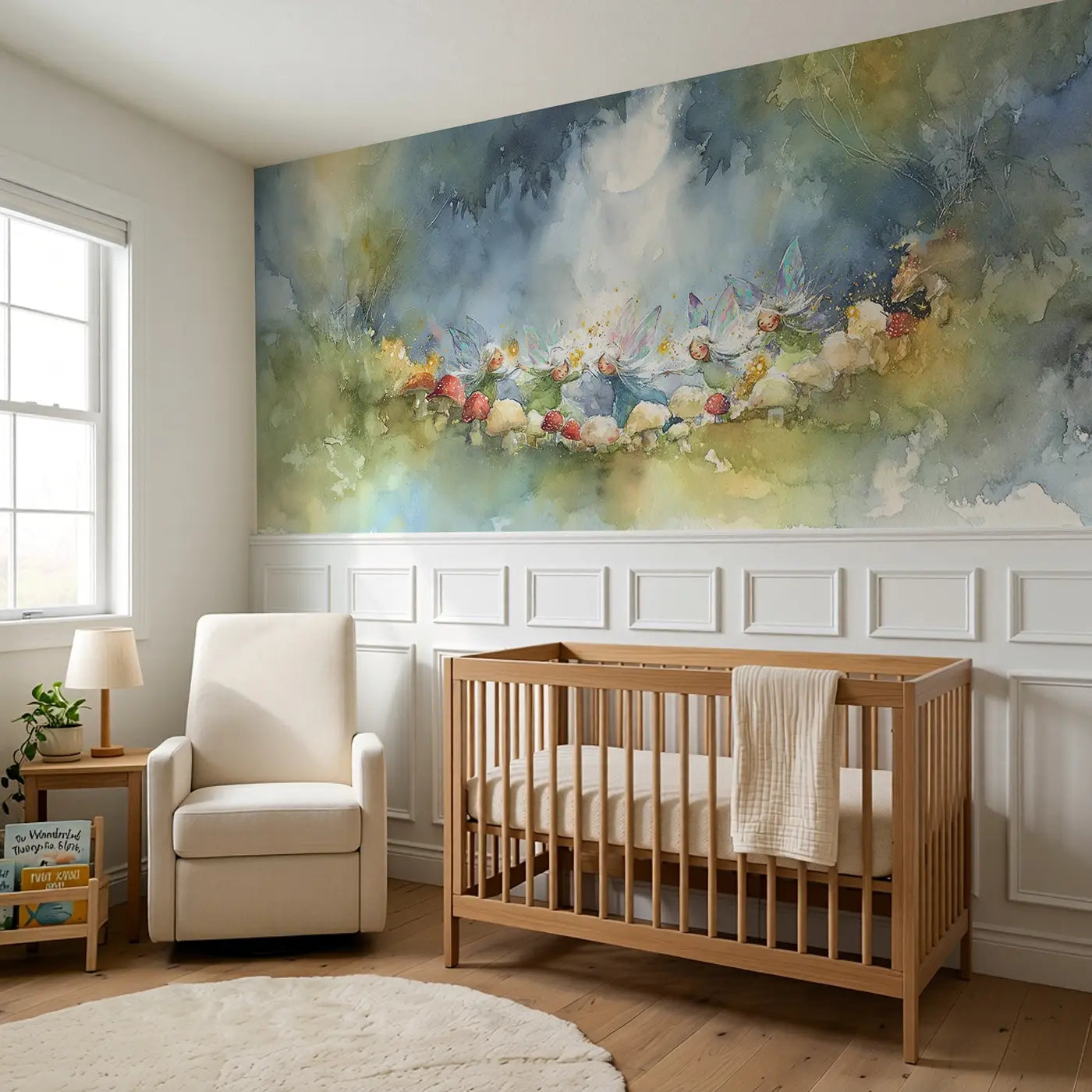 Fairy Ring Moonlit Glen Wainscoting Wallpaper styled in a kids bedroom by Whimsy Tots
