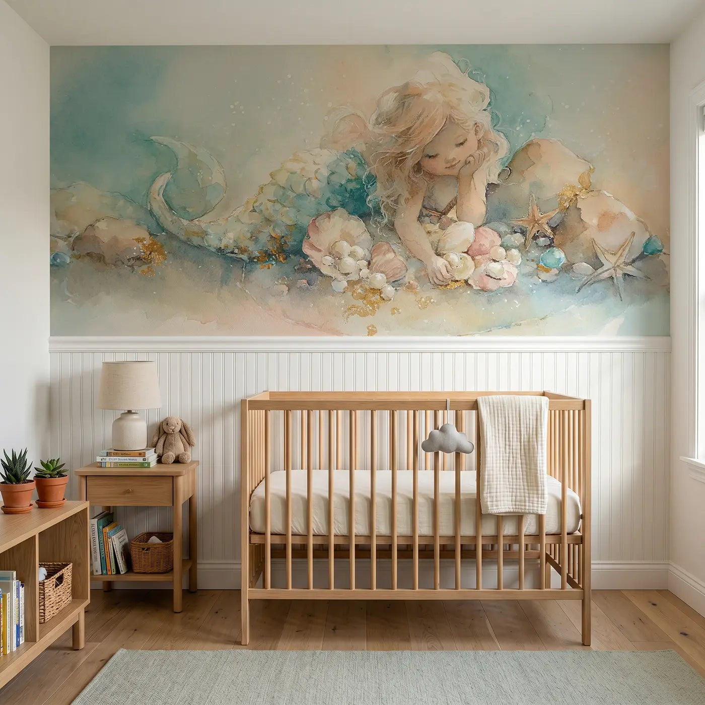 Watercolor mermaid tide pool treasure wainscoting wallpaper for nursery by Whimsy Tots