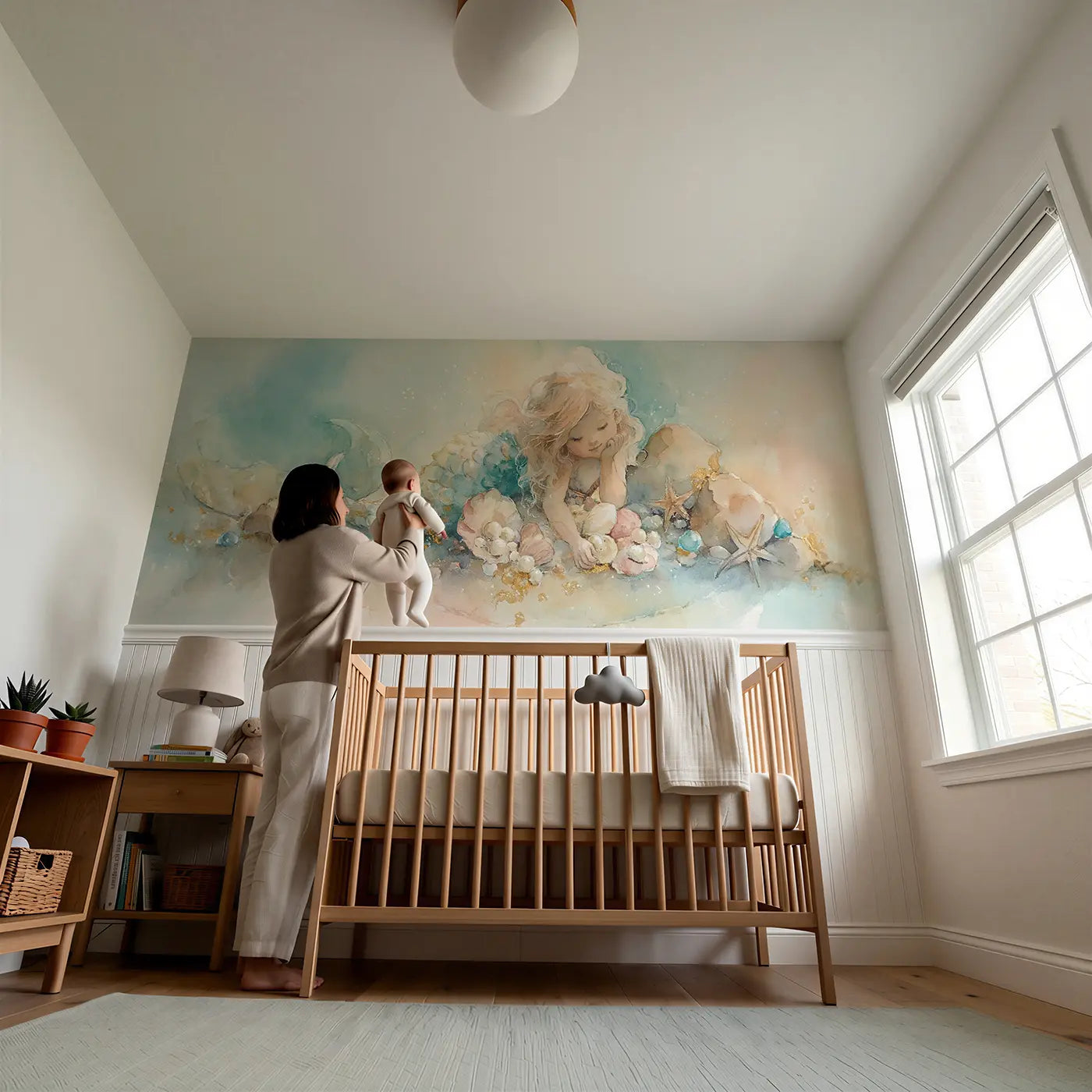 Child reading near Mermaid Tide Pool Treasure Wainscoting Wallpaper by Whimsy Tots