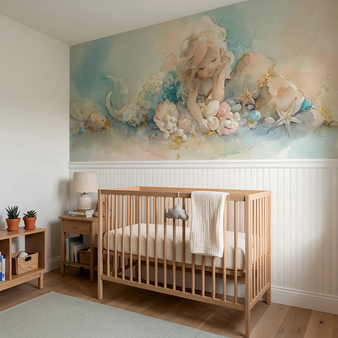 Mermaid Tide Pool Treasure Wainscoting Wallpaper styled in a kids bedroom by Whimsy Tots
