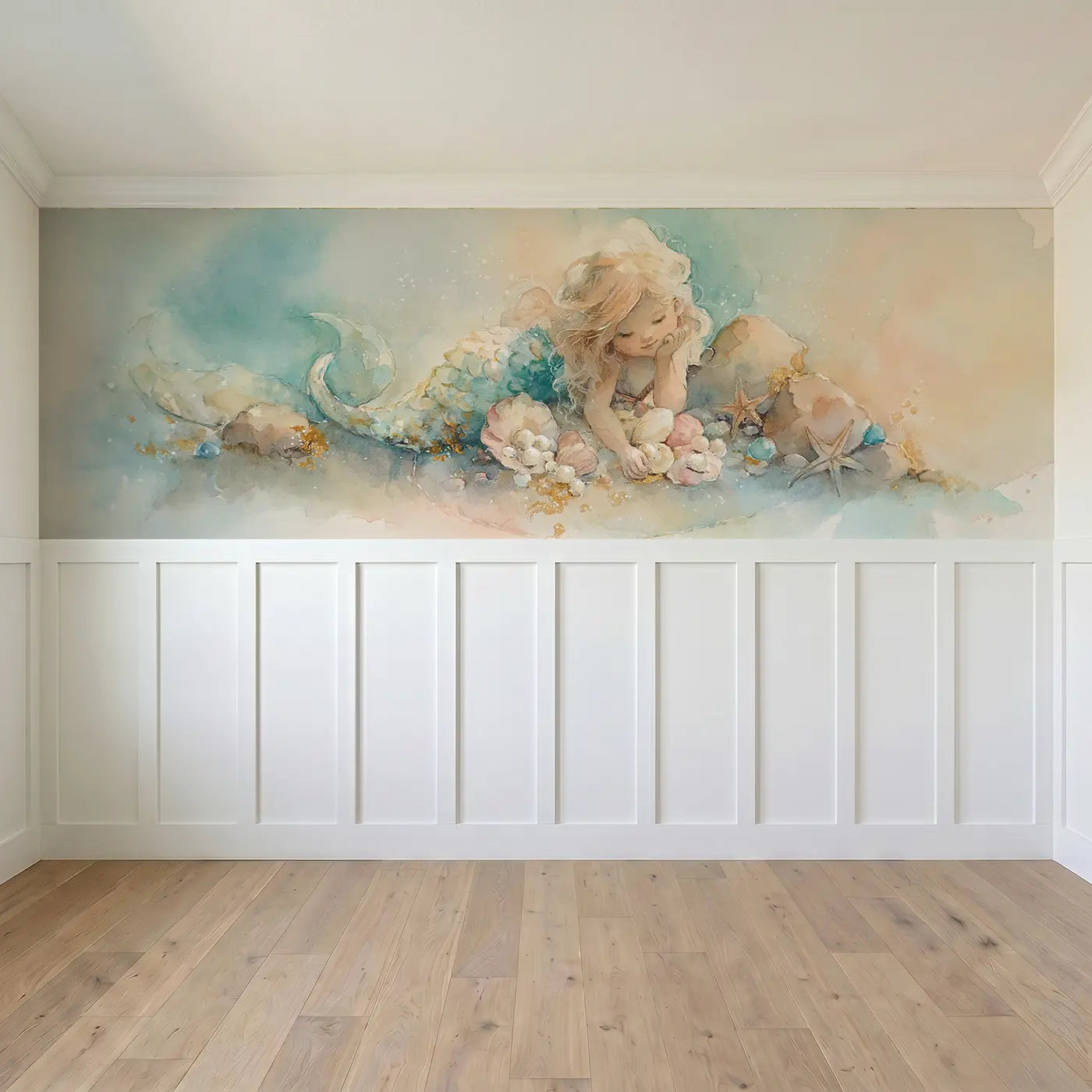 Full panel view of Mermaid Tide Pool Treasure Wainscoting Wallpaper by Whimsy Tots