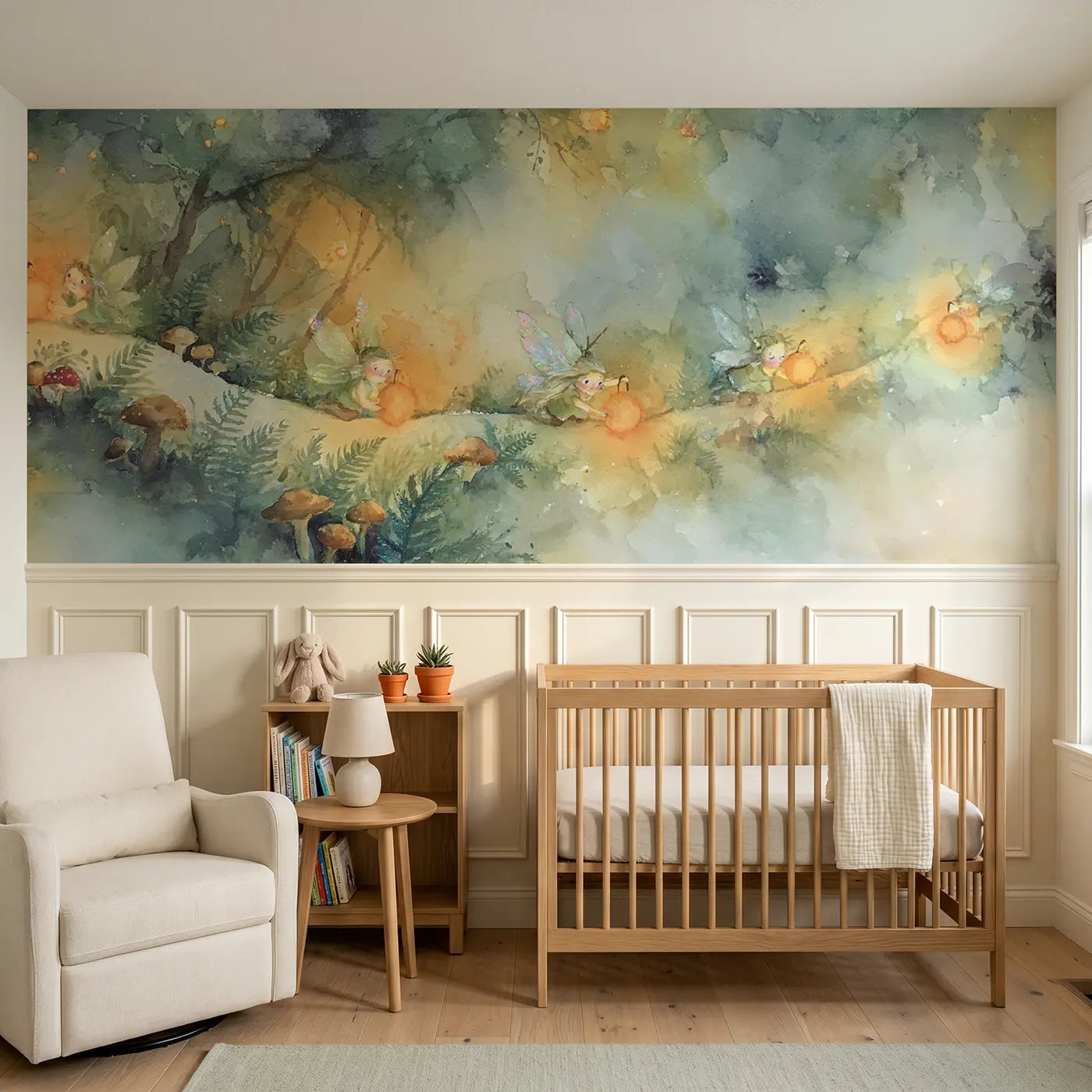 Watercolor fairy lantern forest path wainscoting wallpaper for nursery by Whimsy Tots
