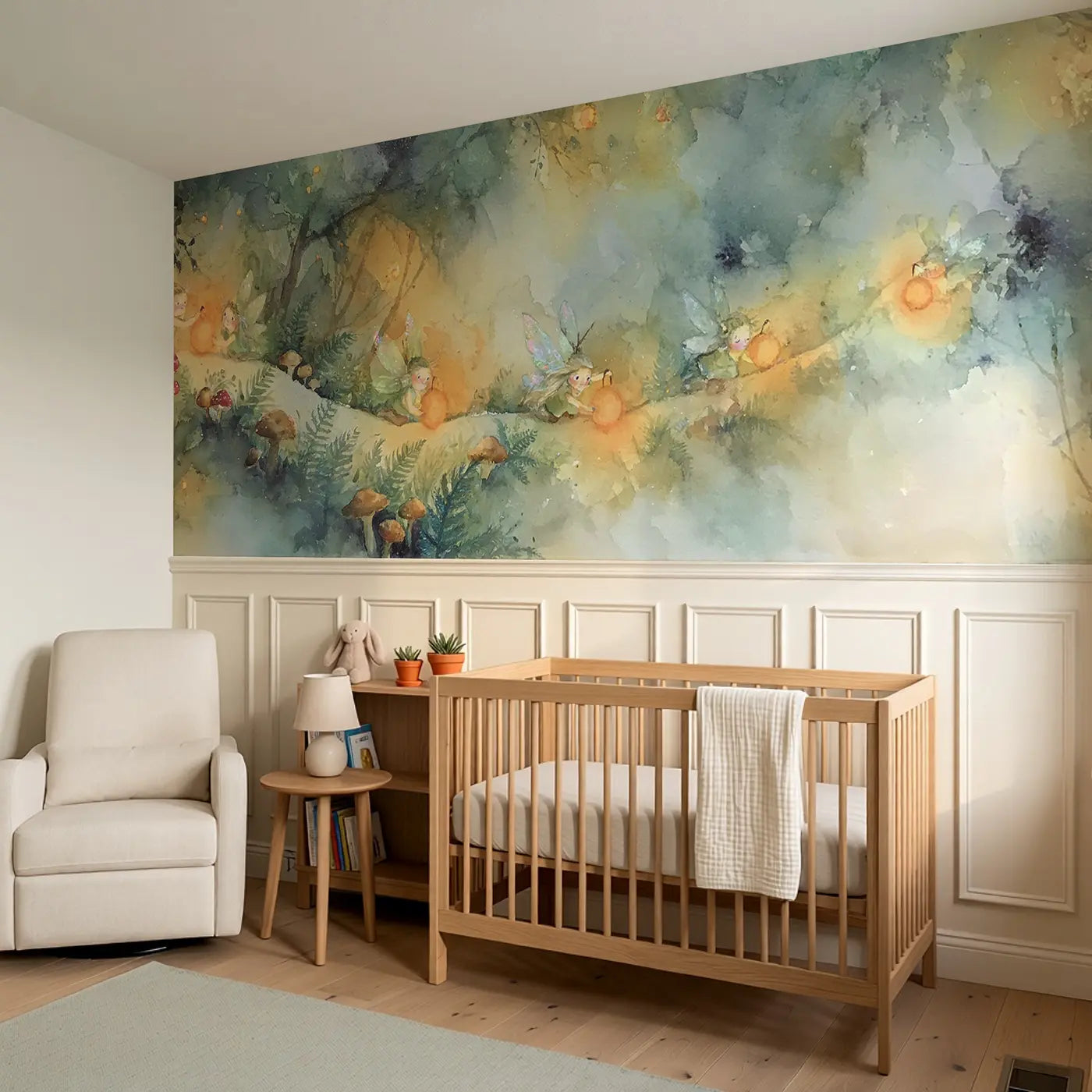 Fairy Lantern Forest Path Wainscoting Wallpaper styled in a kids bedroom by Whimsy Tots