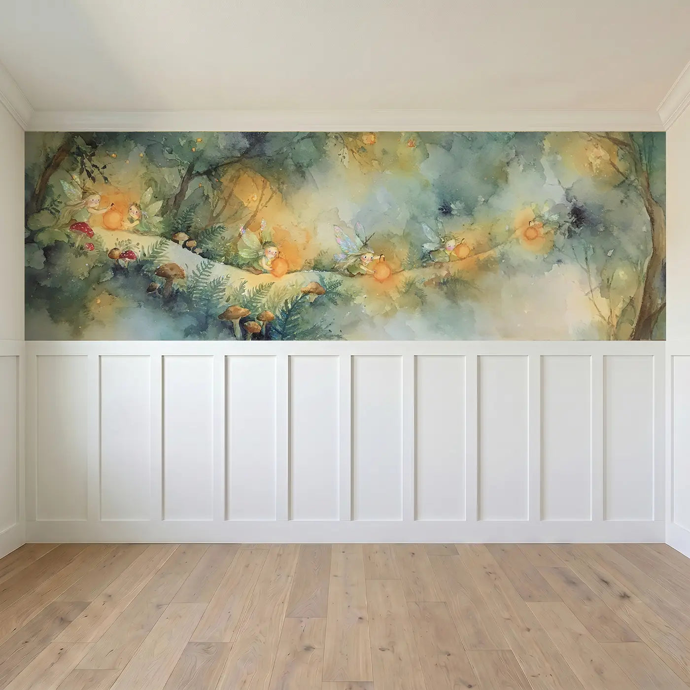 Full panel view of Fairy Lantern Forest Path Wainscoting Wallpaper by Whimsy Tots