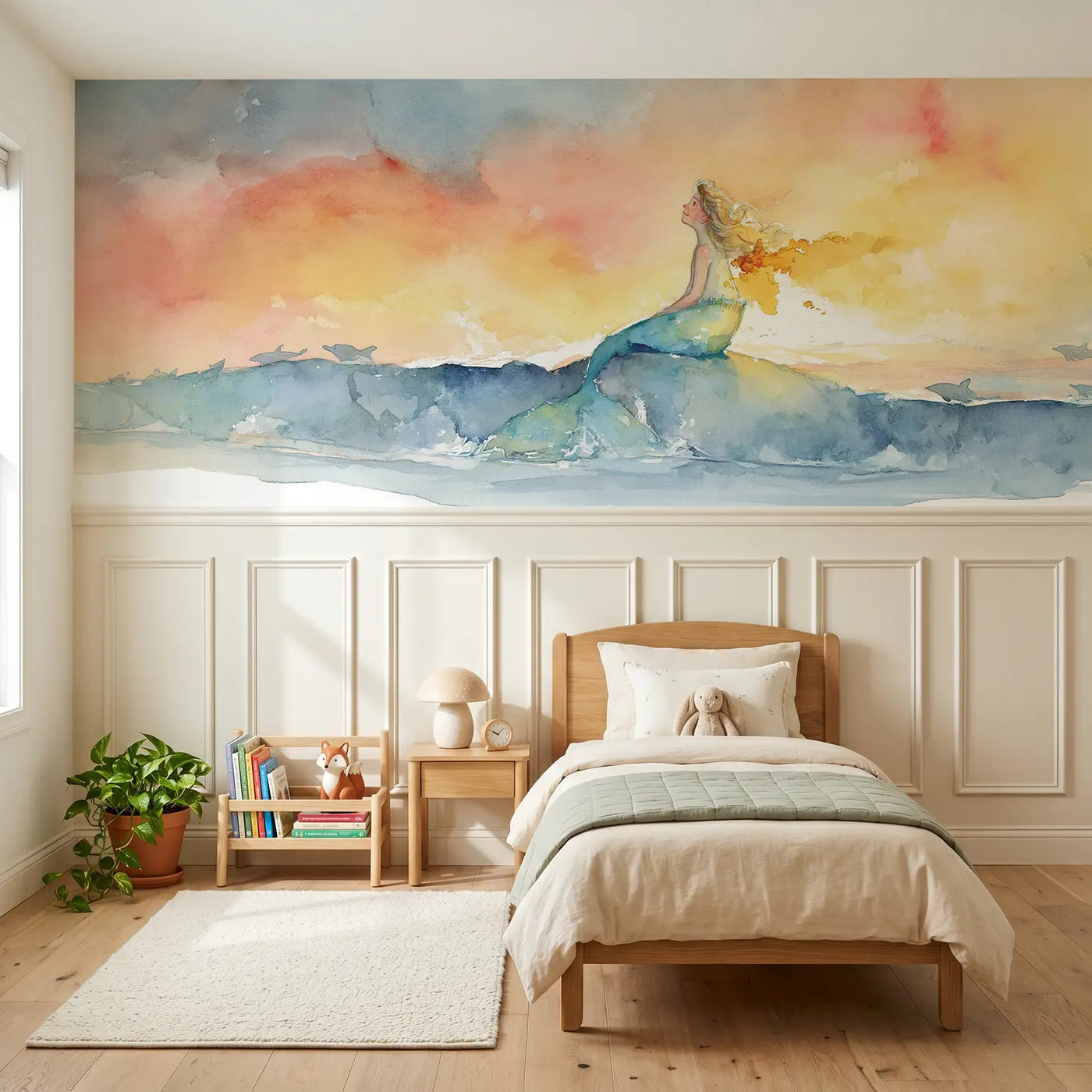 Watercolor mermaid ocean sunset surface wainscoting wallpaper for bedroom by Whimsy Tots