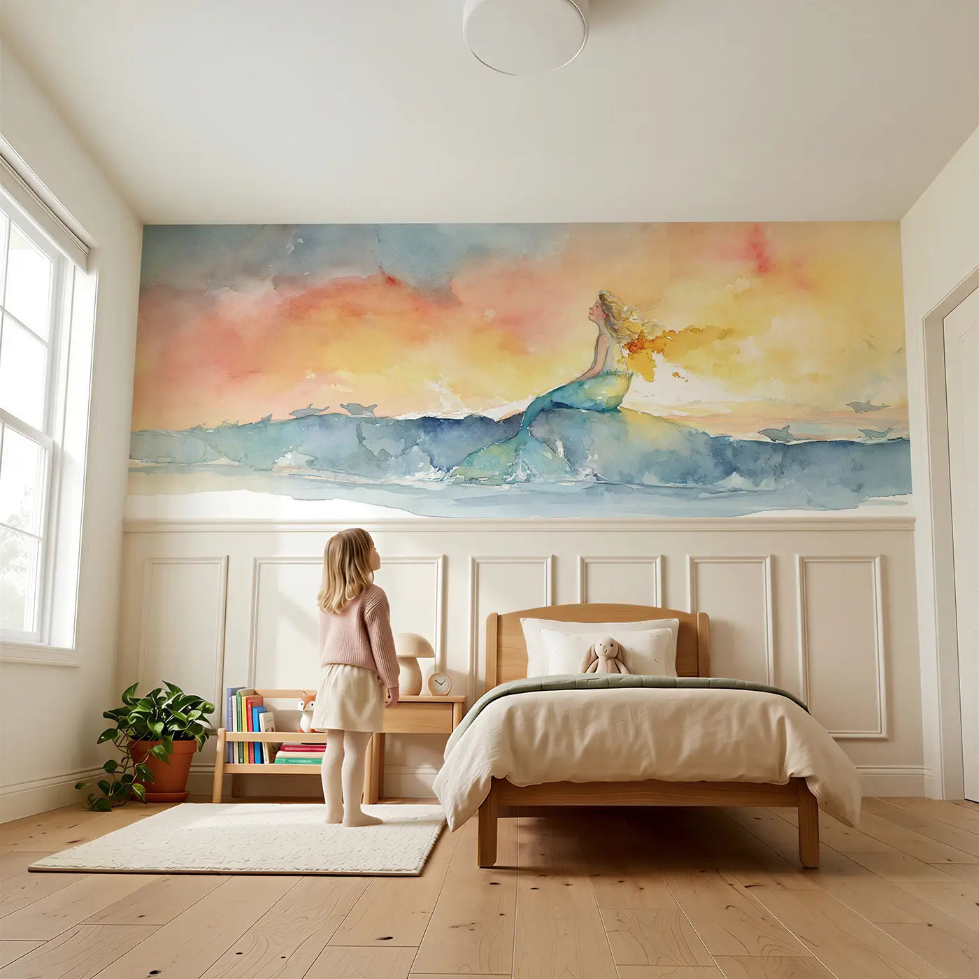 Child reading near Mermaid Ocean Sunset Surface Wainscoting Wallpaper by Whimsy Tots
