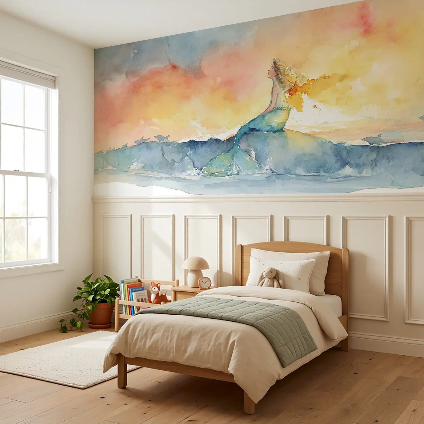 Mermaid Ocean Sunset Surface Wainscoting Wallpaper styled in a kids bedroom by Whimsy Tots