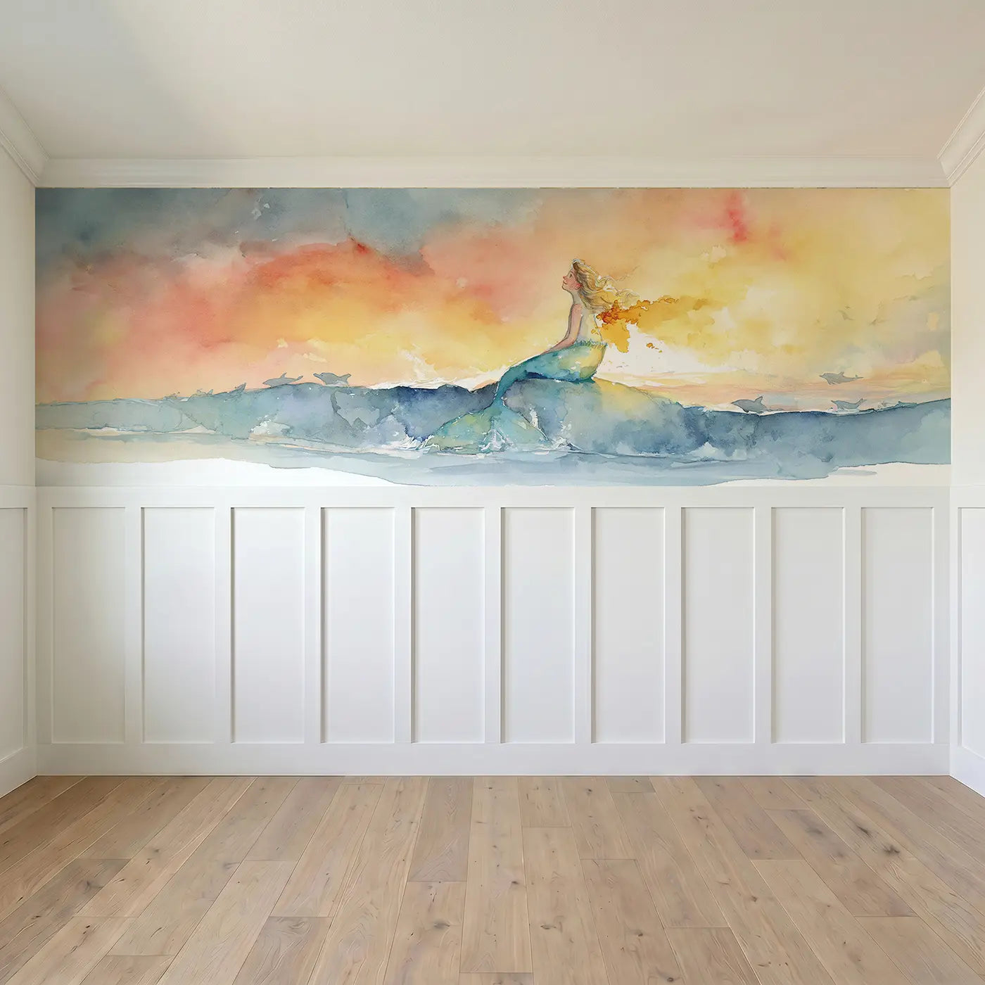 Full panel view of Mermaid Ocean Sunset Surface Wainscoting Wallpaper by Whimsy Tots