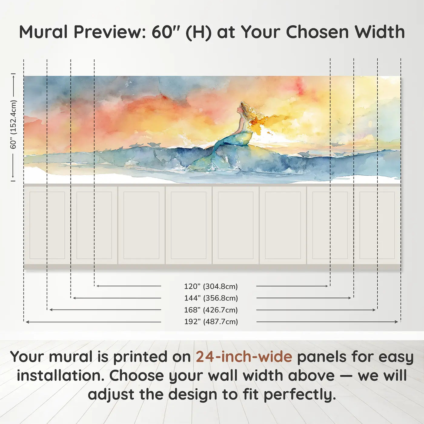 Panel dimensions for Mermaid Ocean Sunset Surface Wainscoting Wallpaper by Whimsy Tots