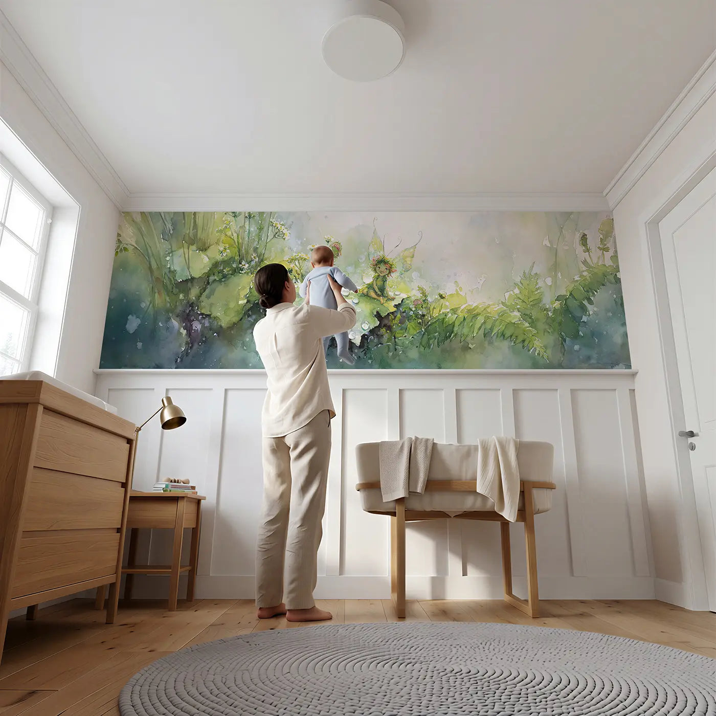 Child reading near Fairy Wing Dewdrop Morning Wainscoting Wallpaper by Whimsy Tots