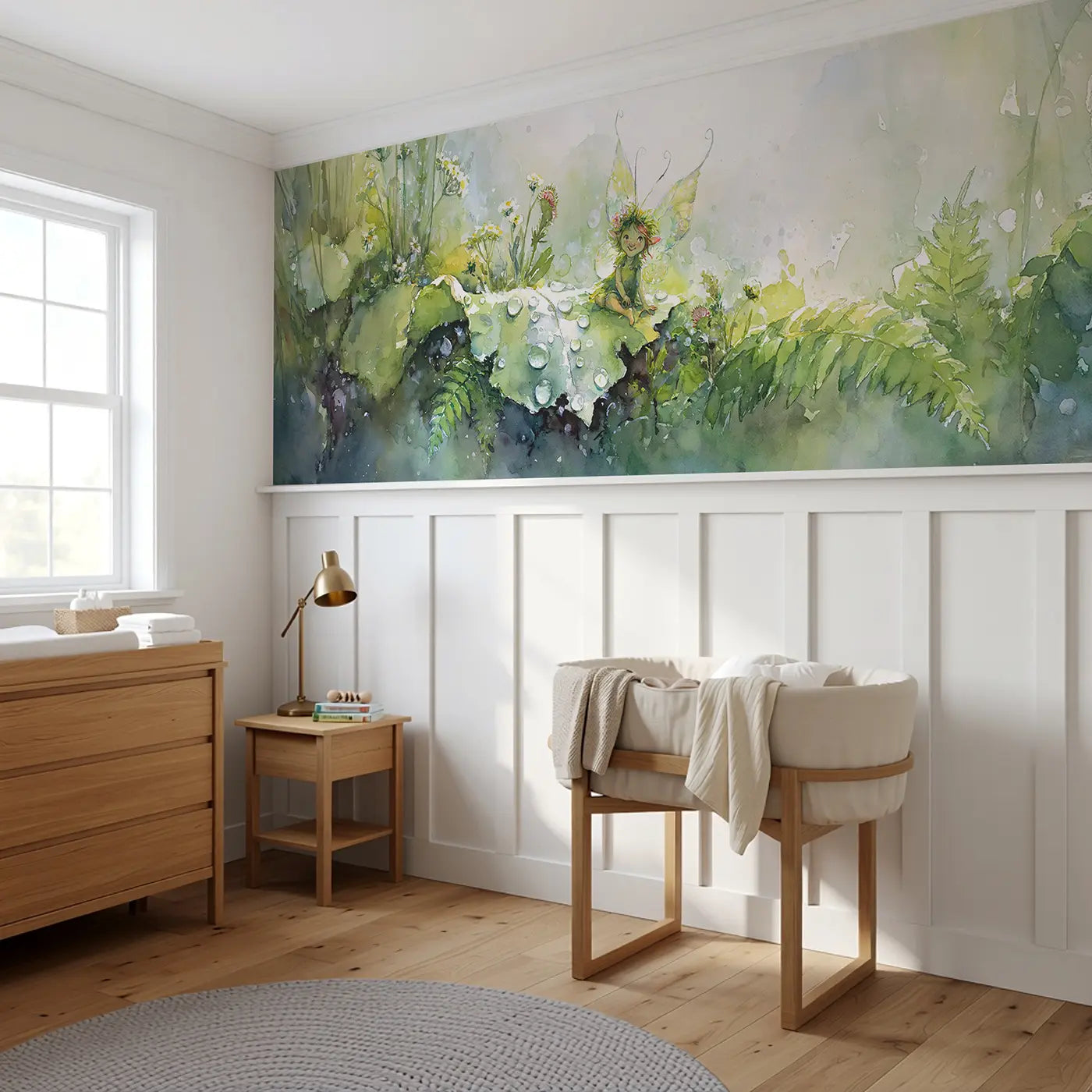Fairy Wing Dewdrop Morning Wainscoting Wallpaper styled in a kids bedroom by Whimsy Tots