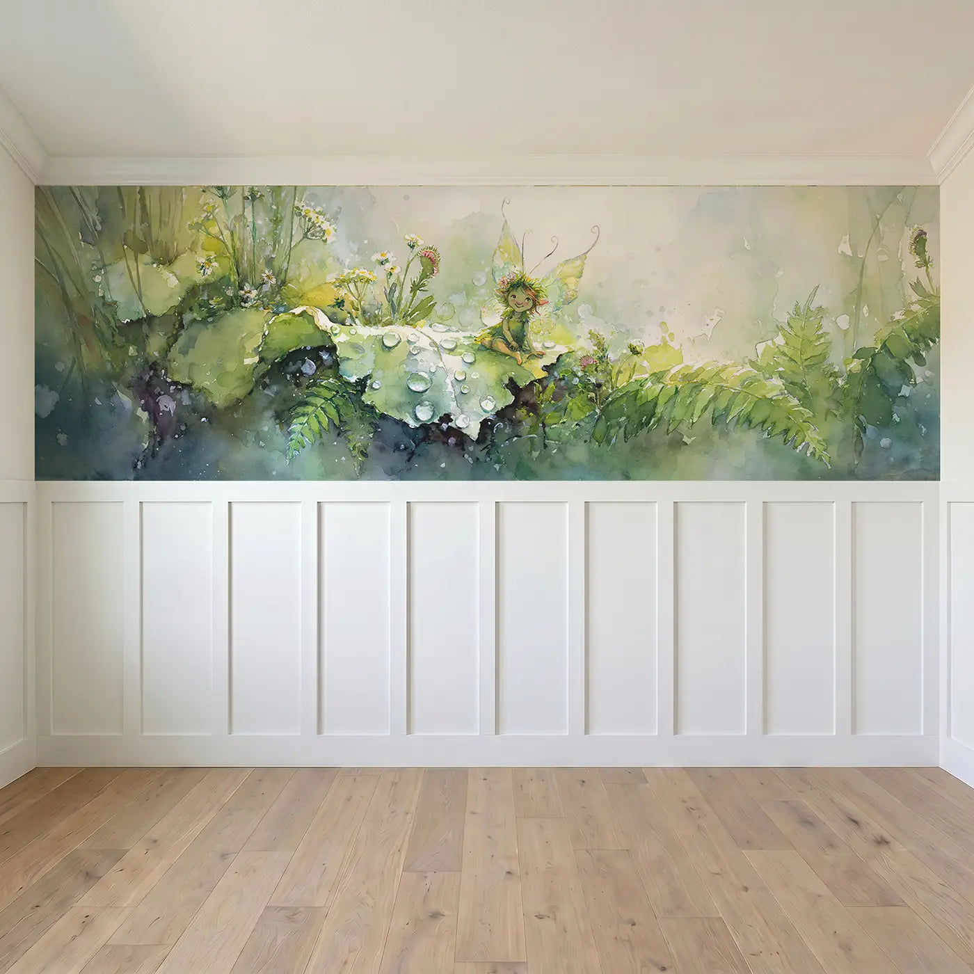 Full panel view of Fairy Wing Dewdrop Morning Wainscoting Wallpaper by Whimsy Tots