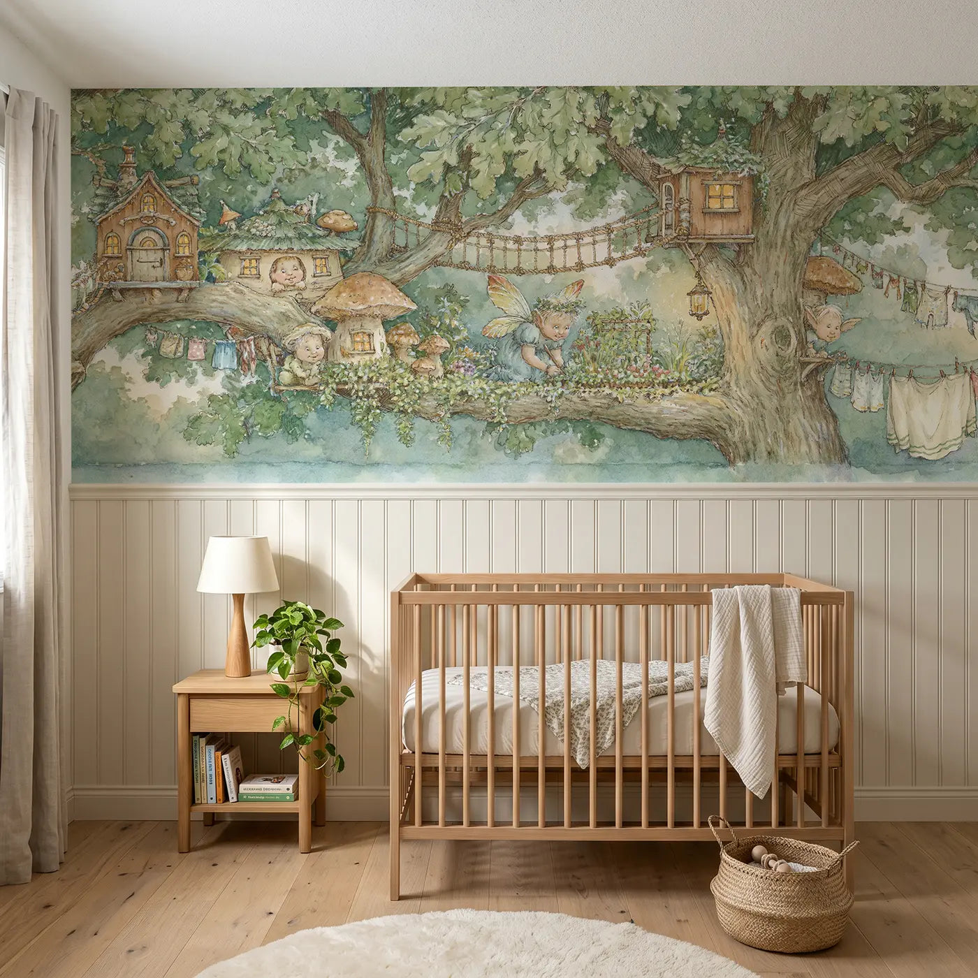 Storybook fairy treehouse village wainscoting wallpaper for nursery by Whimsy Tots