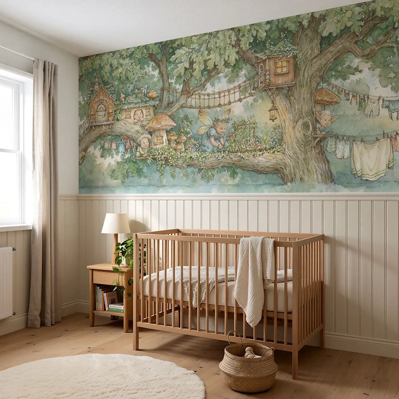 Fairy Treehouse Village Wainscoting Wallpaper styled in a kids bedroom by Whimsy Tots