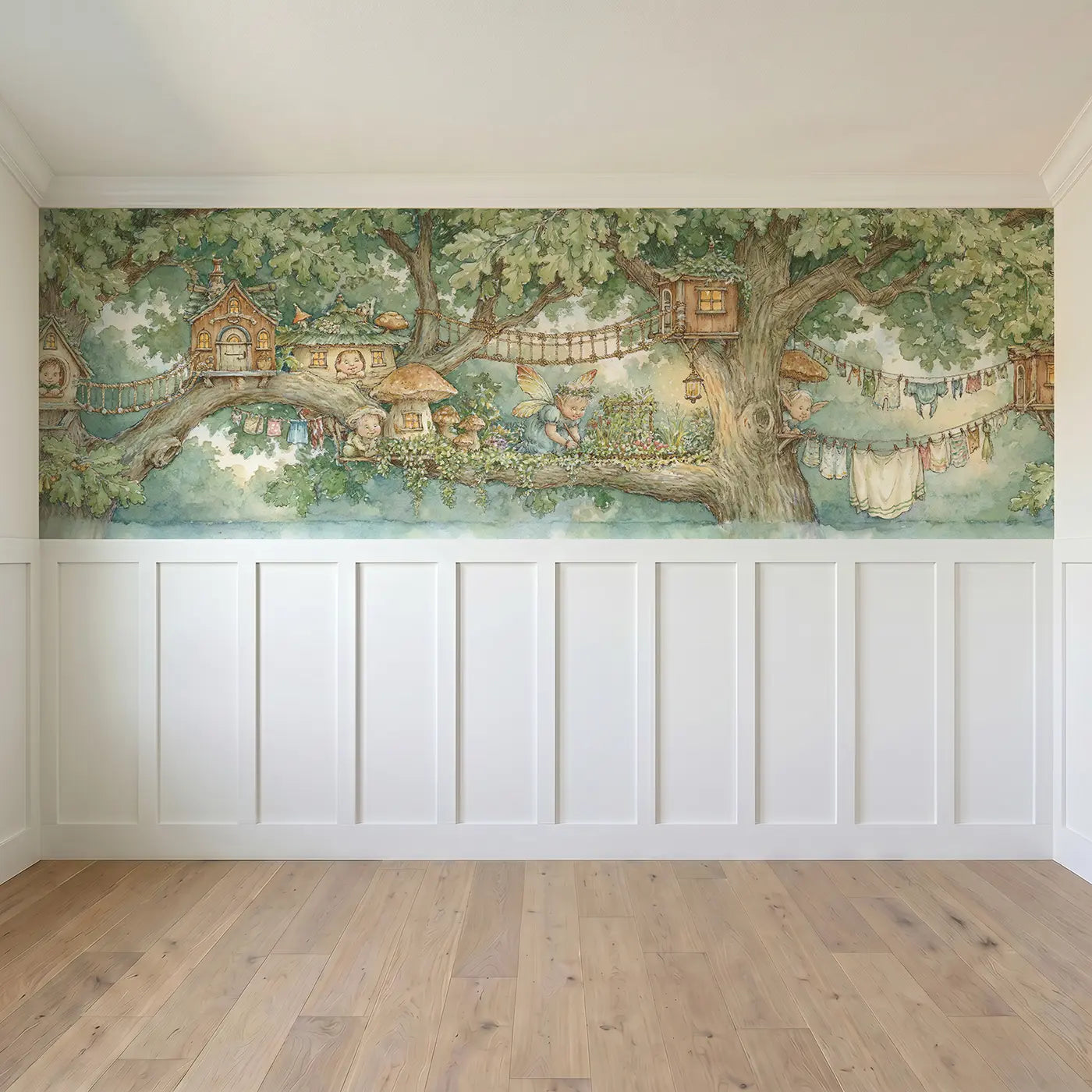 Full panel view of Fairy Treehouse Village Wainscoting Wallpaper by Whimsy Tots