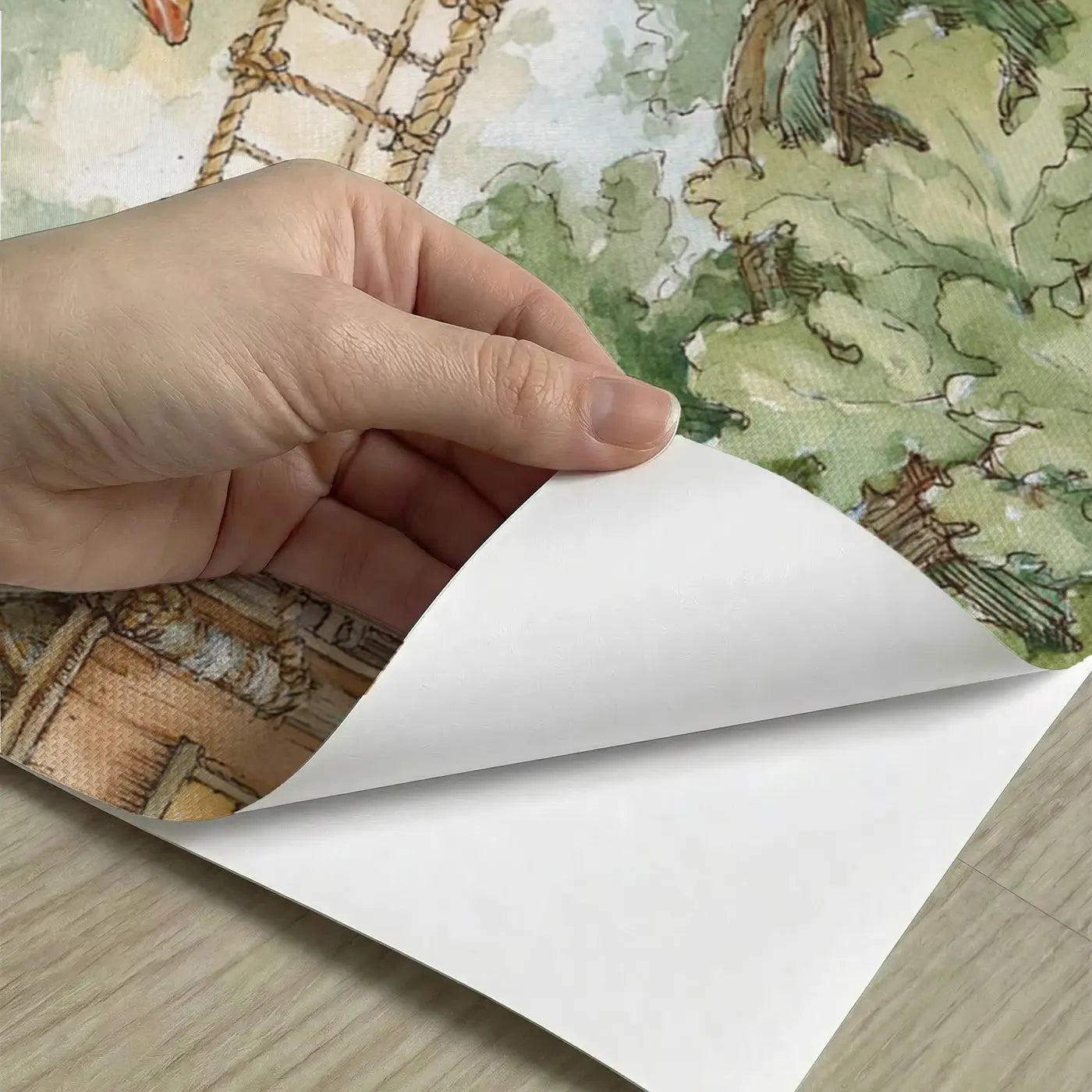Peel-and-stick detail of Fairy Treehouse Village Wainscoting Wallpaper by Whimsy Tots