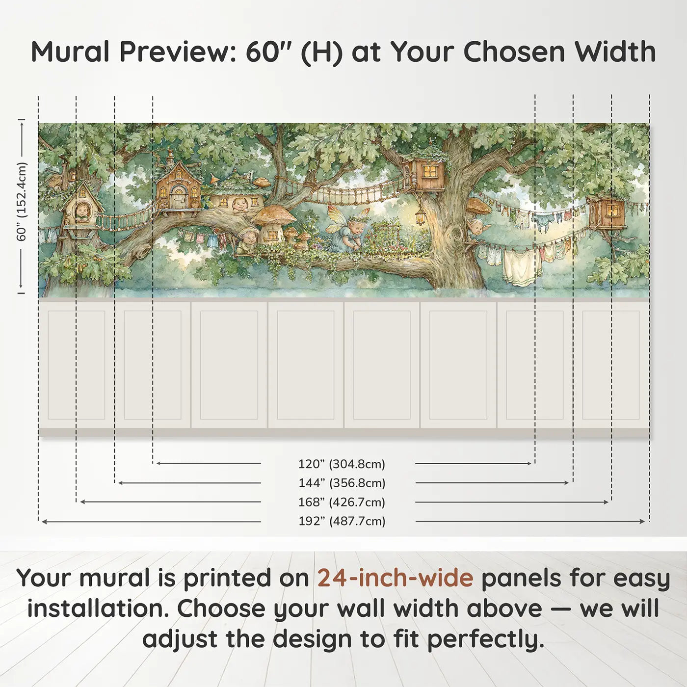 Panel dimensions for Fairy Treehouse Village Wainscoting Wallpaper by Whimsy Tots