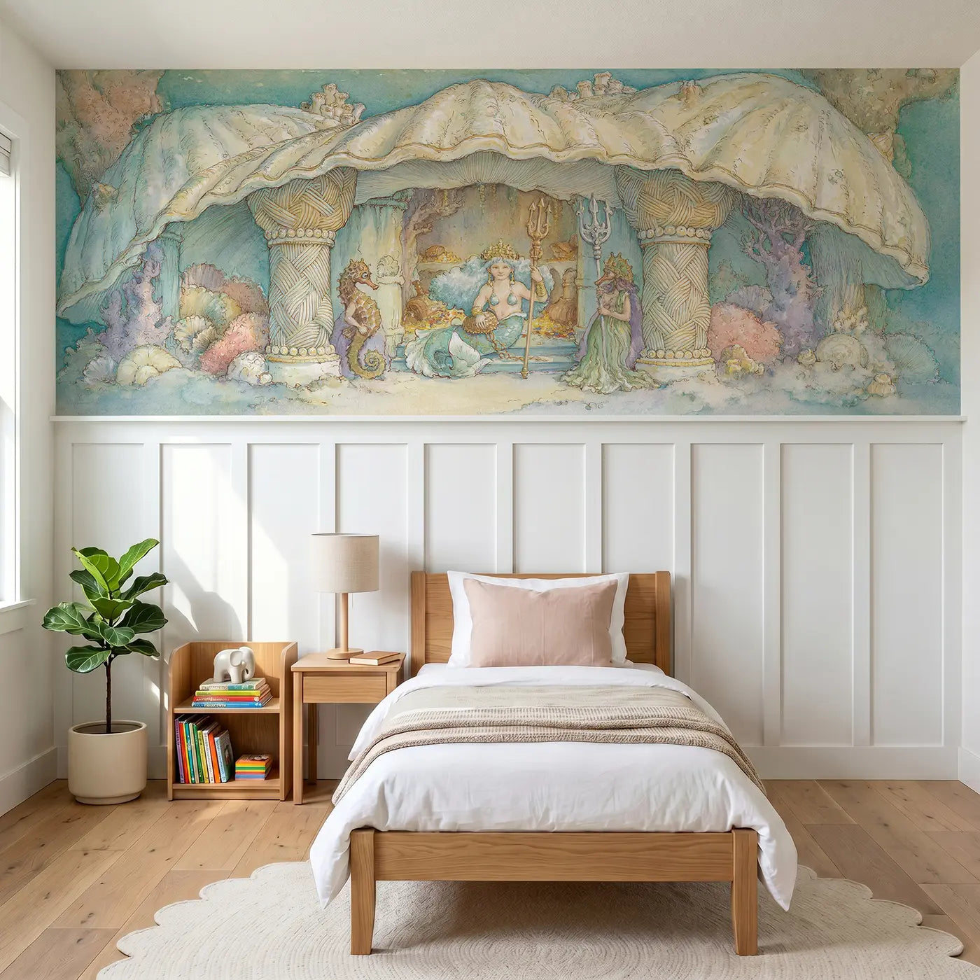 Storybook mermaid shell palace gate wainscoting wallpaper for bedroom by Whimsy Tots