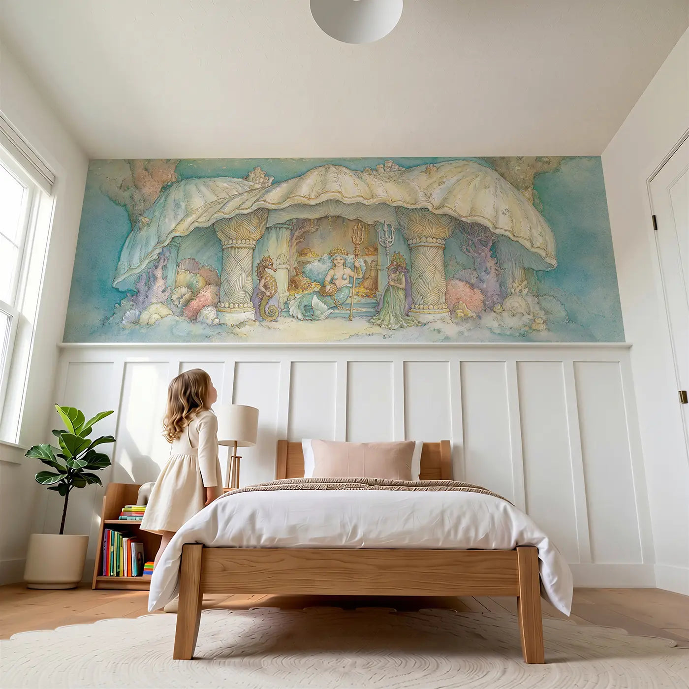 Child reading near Mermaid Shell Palace Gate Wainscoting Wallpaper by Whimsy Tots