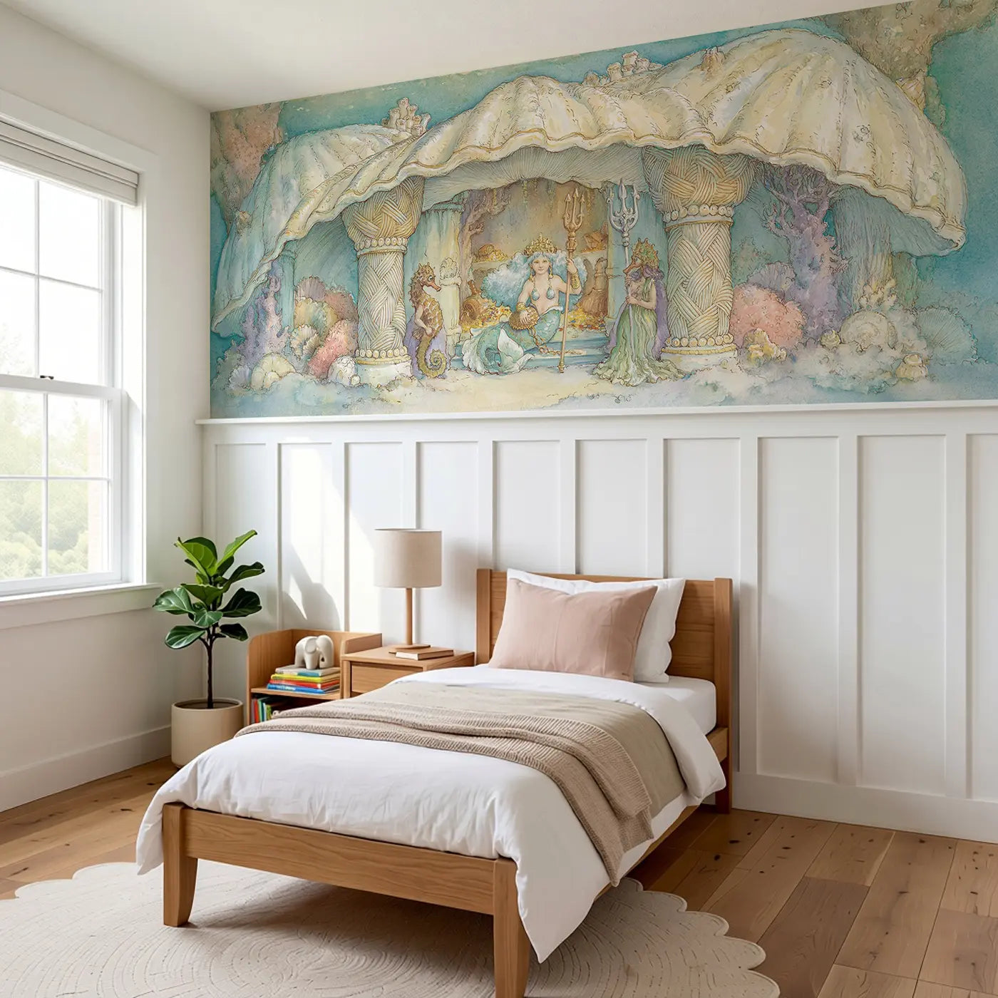 Mermaid Shell Palace Gate Wainscoting Wallpaper styled in a kids bedroom by Whimsy Tots
