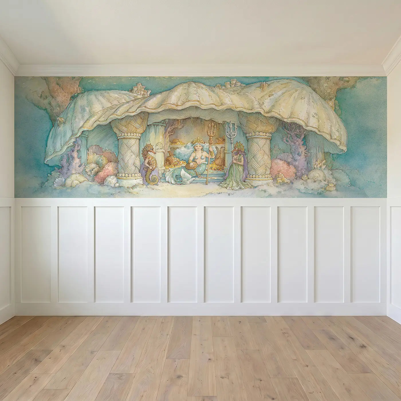 Full panel view of Mermaid Shell Palace Gate Wainscoting Wallpaper by Whimsy Tots