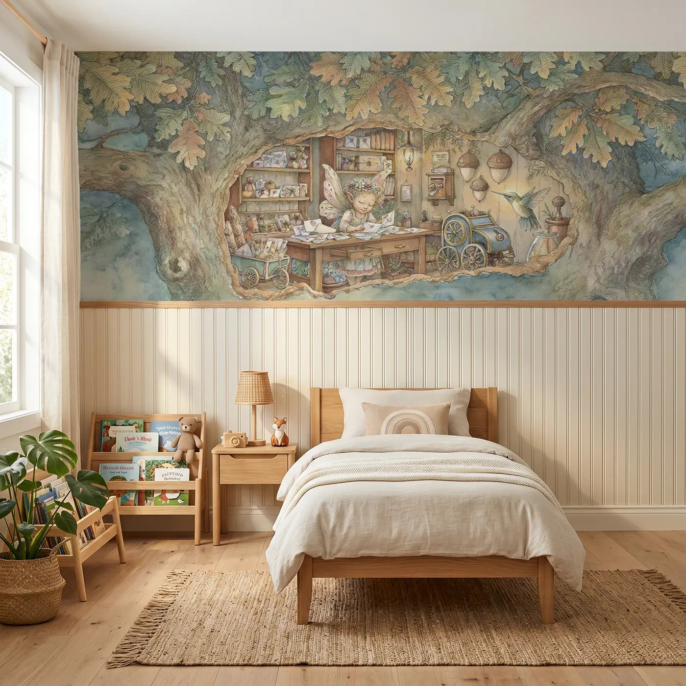 Storybook fairy post office oak wainscoting wallpaper for bedroom by Whimsy Tots