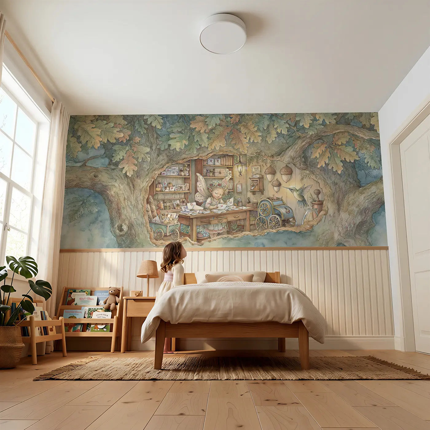 Child reading near Fairy Post Office Oak Wainscoting Wallpaper by Whimsy Tots